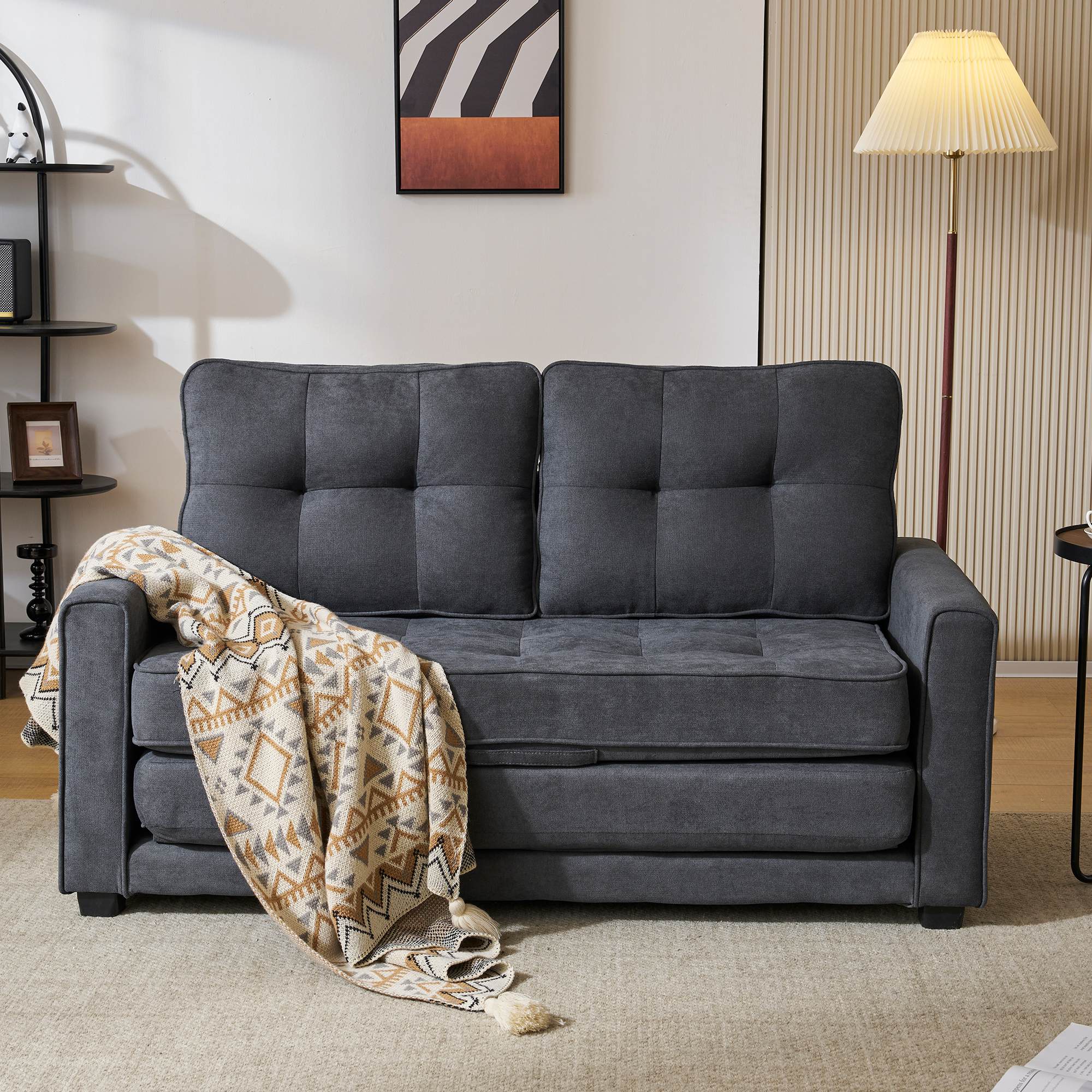 2 Sitzer Schlafsofa 151x75cm, mit Seitentaschen, Doppellagiger Polsterung, Zweisitzer Sofa Bett für Wohnzimmer, Dunkelgrau