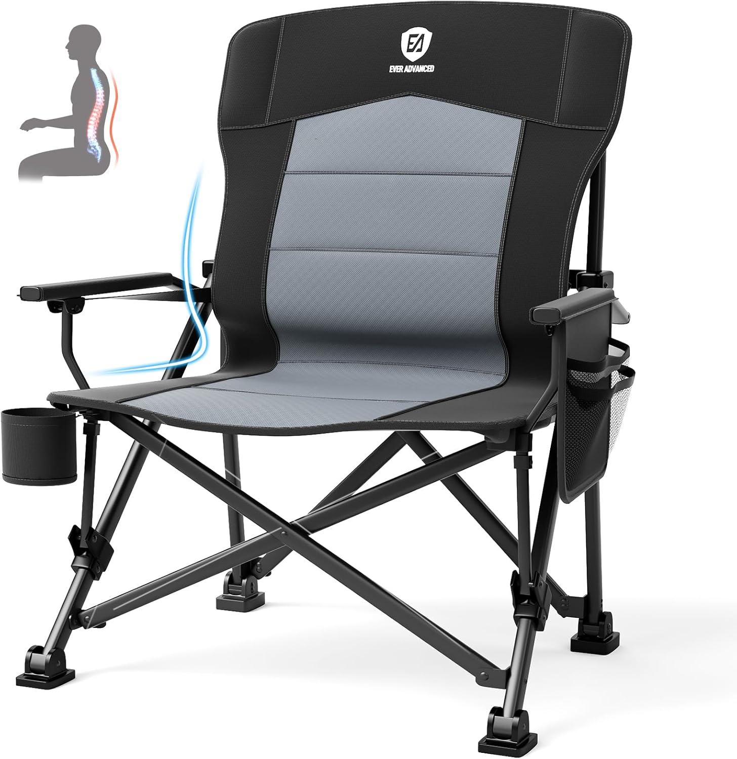 EVER ADVANCED Sedia da campeggio pieghevole, 230 kg, portata XL, supporto lombare, 62 cm, larghezza seduta con tasca laterale, supporto per bevande, sedia pieghevole per campeggio, esterni, balcone,