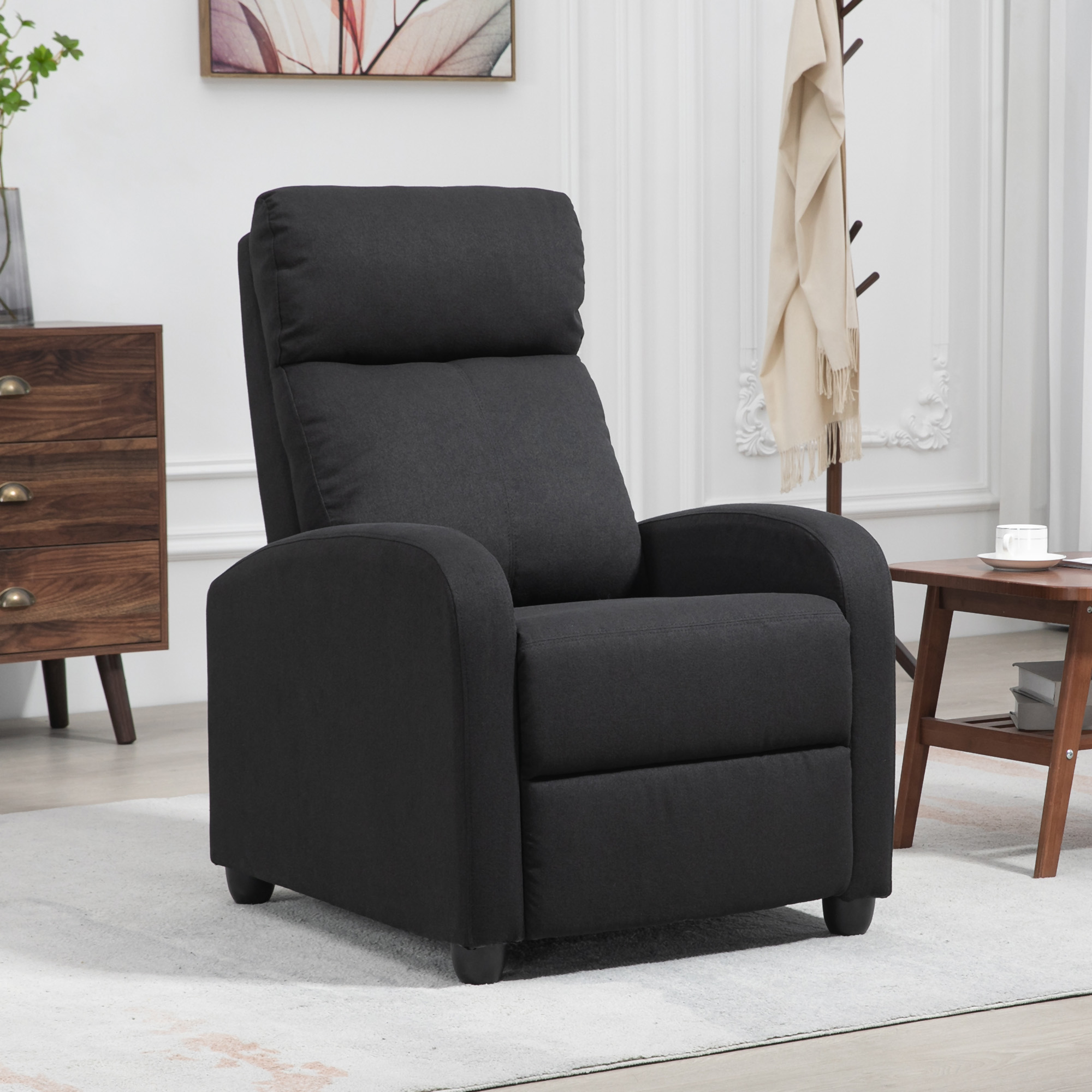 HOMCOM Relaxsessel, verstellbar 135°, ausziehbare Fußstütze, gepolsterte Lehnen, Leinen-Polyester, Schwarz
