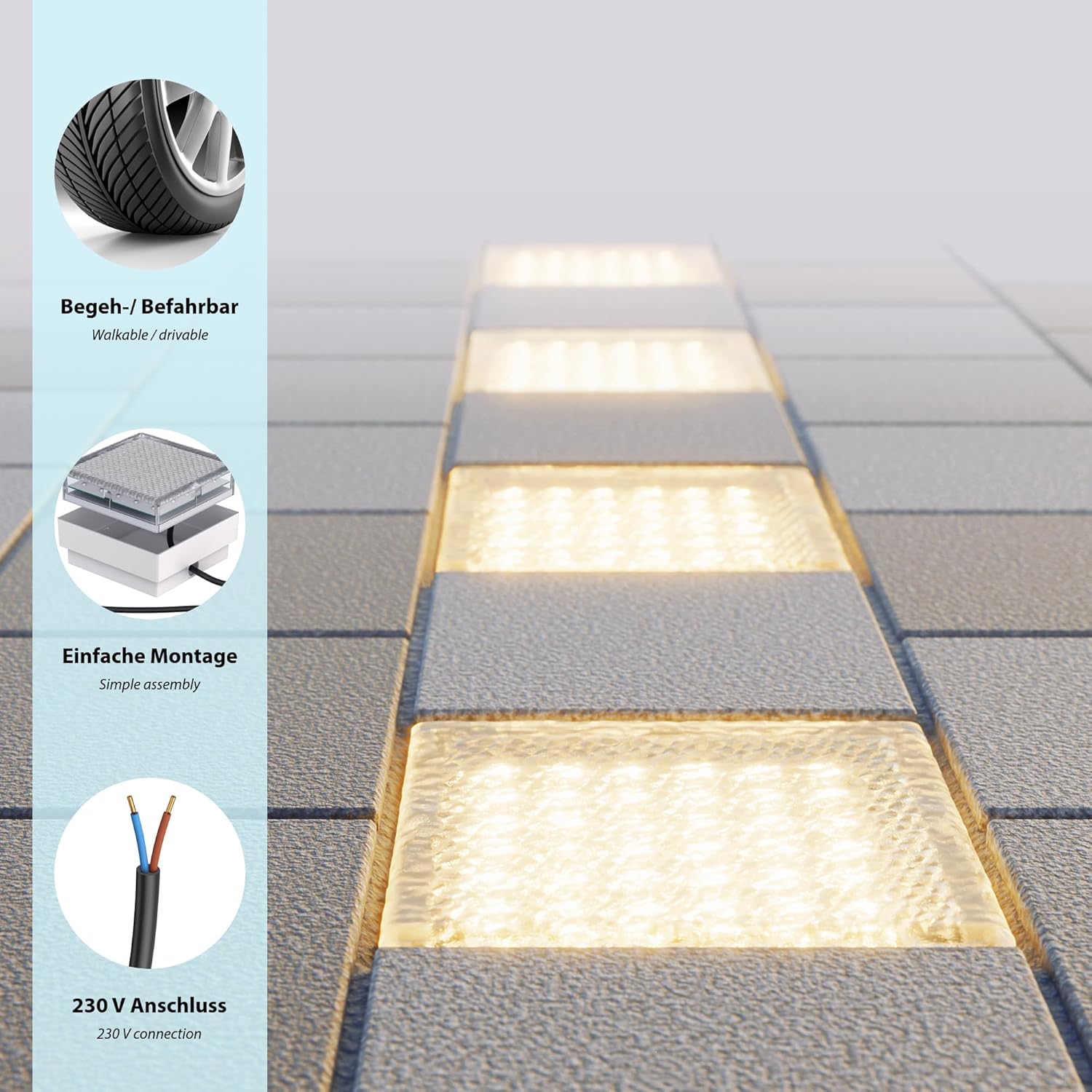 ledscom.de 10 Stück LED Pflasterstein Bodeneinbauleuchte CUS für außen, IP67, eckig, 15 x 15cm, warmweiß