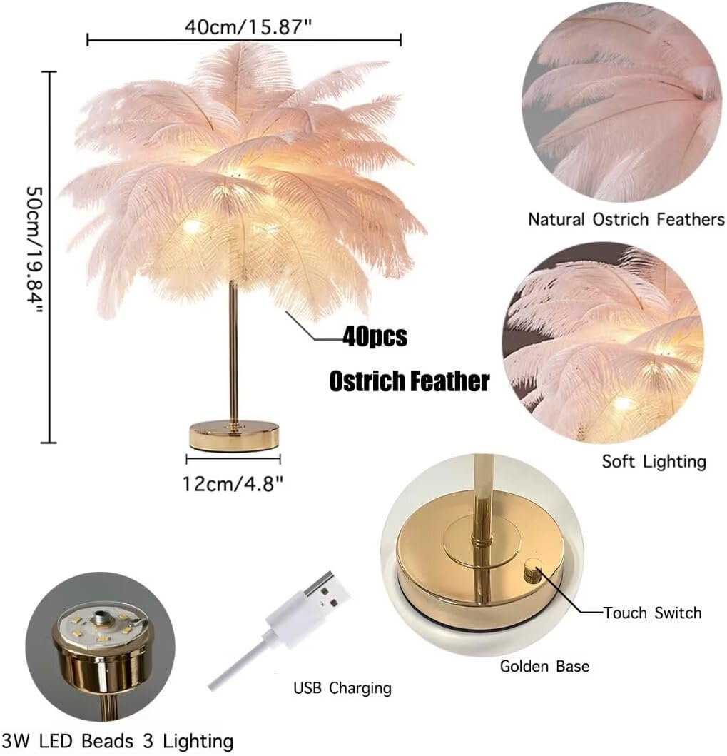Fernbedienbare dimmbare Nachtlampe, Nachttischlamp USB wiederaufladbare verstellbare LED-Tisch-Nachttischlampe mit Straußenfedern, Weiß, 50 cm