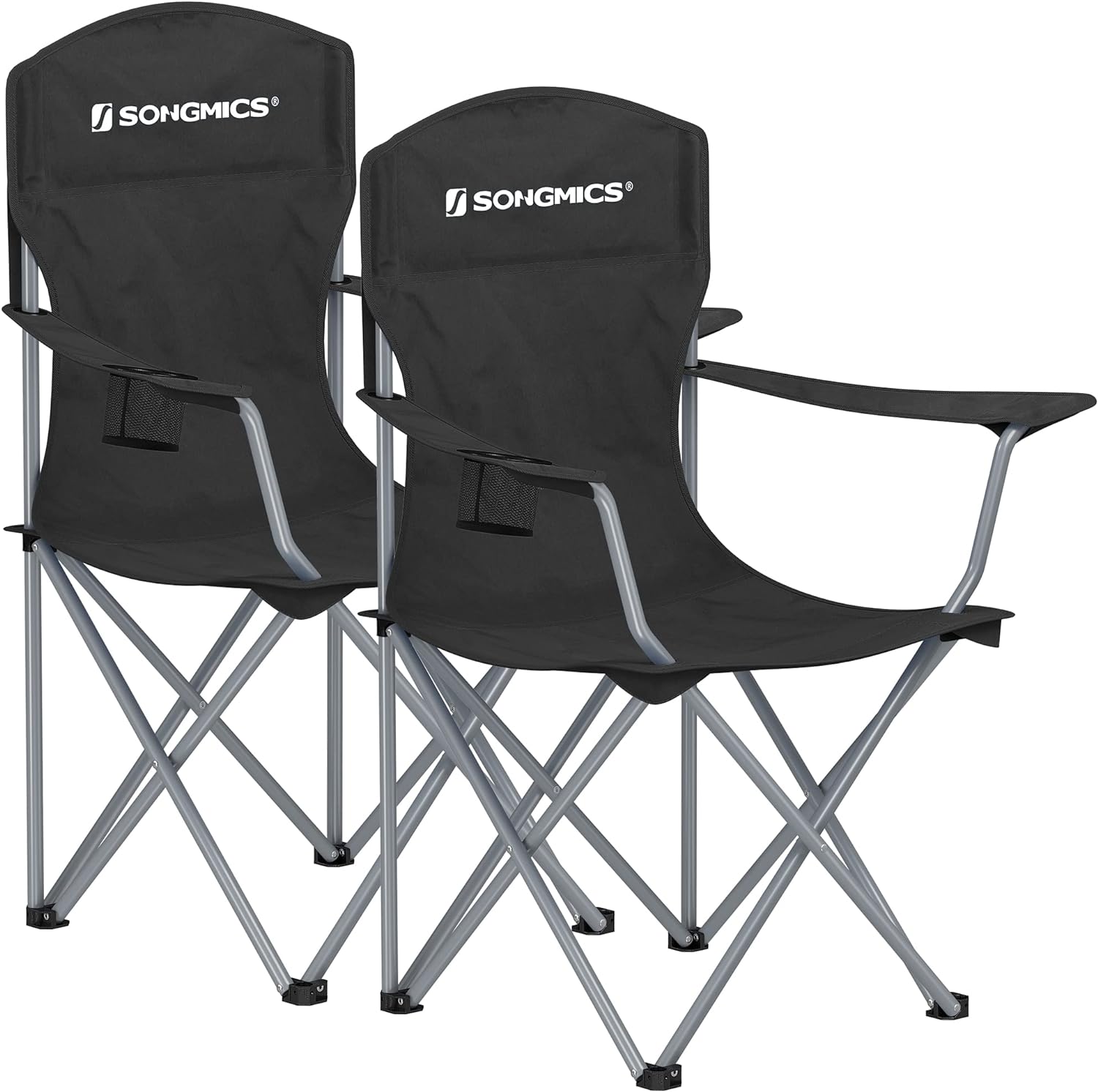 SONGMICS Sedie da Campeggio, Set di 2 Sedie da Esterno, Schienale Alto, con Braccioli, Tasca per Tazza, Pieghevole, Portante 150 kg, per Campeggio, Giardino, Pesca, Terrazza, Blu GCB08BU