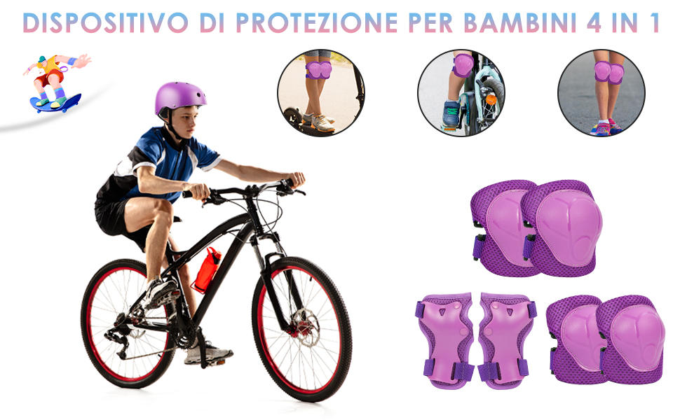 Set di equipaggiamento protettivo per bambini che include casco, ginocchiere, gomitiere e protezioni per i polsi in viola. L'immagine mostra un bambino ciclista