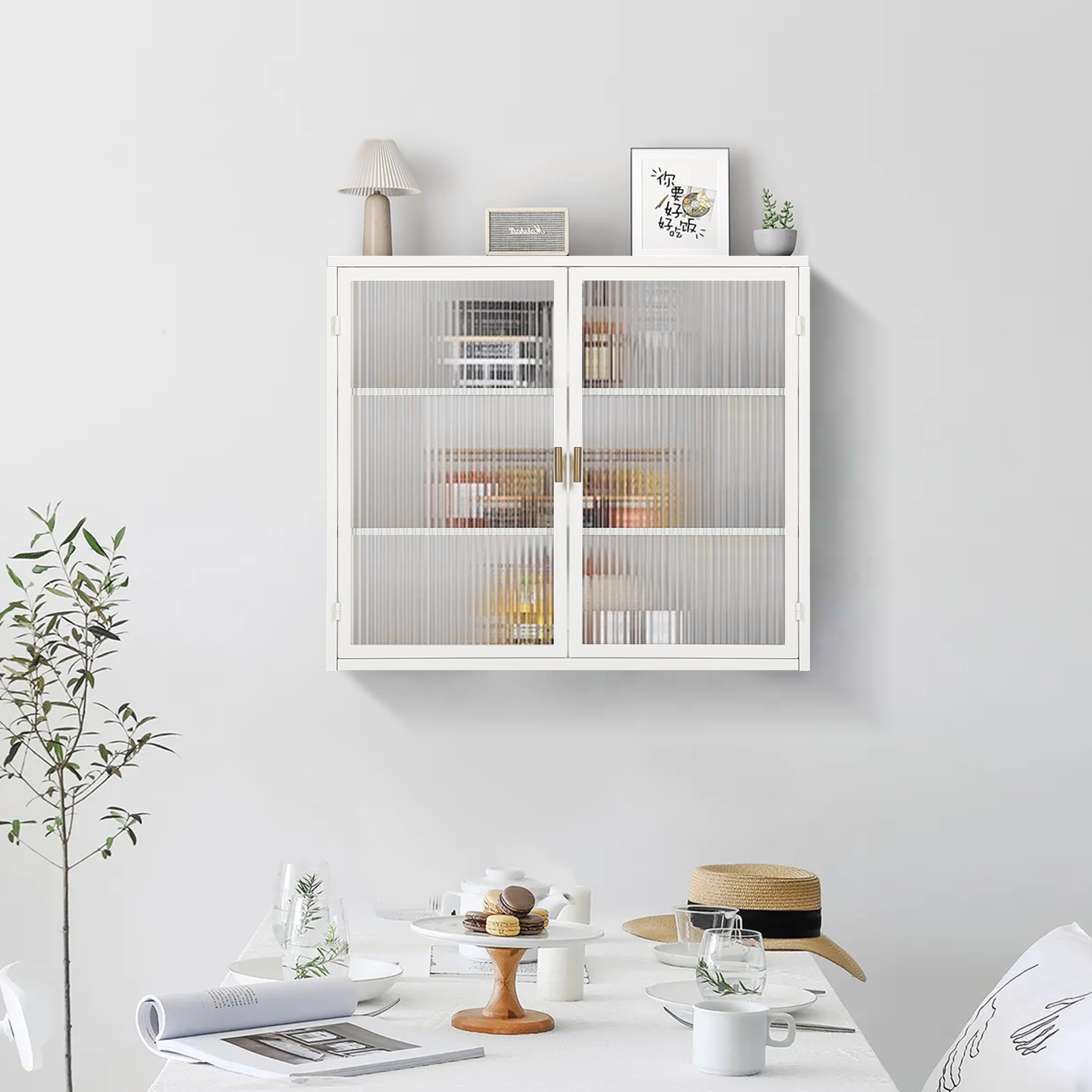 Moderne Wandschrank mit zwei Türen, Glaseinsatz und dreistufigen Regalen für Flur, Wohnzimmer, Badezimmer, Esszimmer, Antikweiß