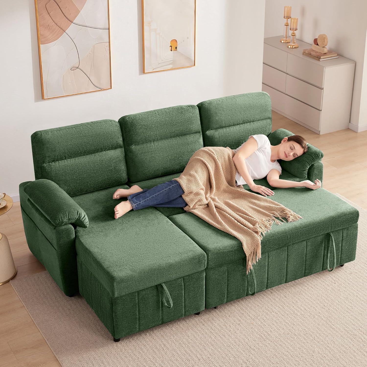 Kingfun 203cm Ecksofa mit Schlaffunktion & Bettkasten, 3-Sitzer ausziehbares L-Form Schlafsofa mit USB & Stauraum