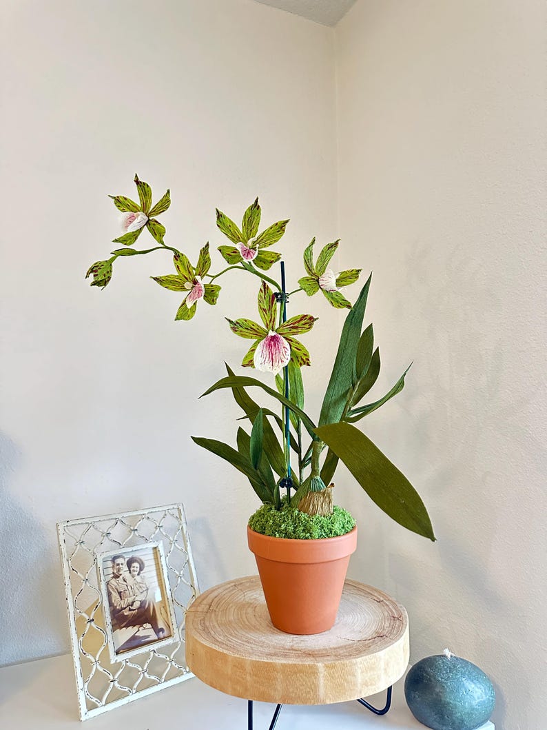 Flores de orquídea realistas de papel crepé en una maceta de terracota.