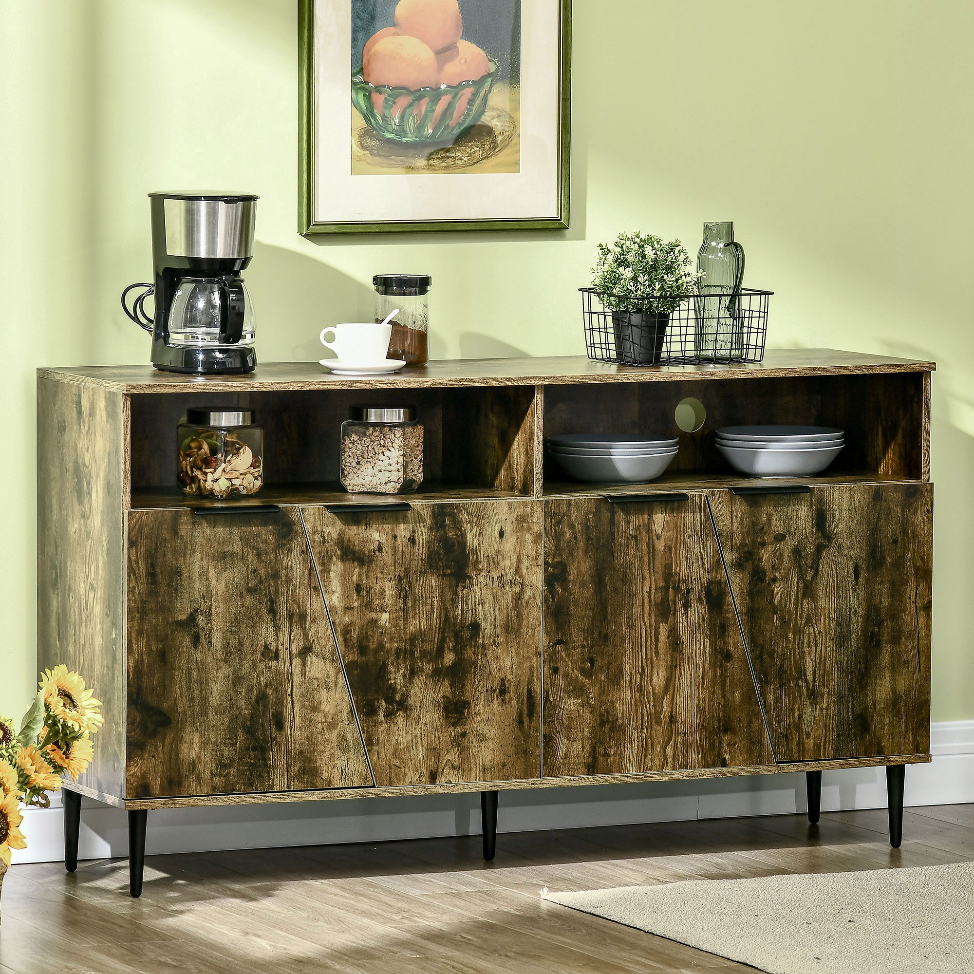 HOMCOM Sideboard im Industrie-Design 2 Schränke 2 Regale 147 cm x 40 cm x 83 cm Holzwerkstoff Braun