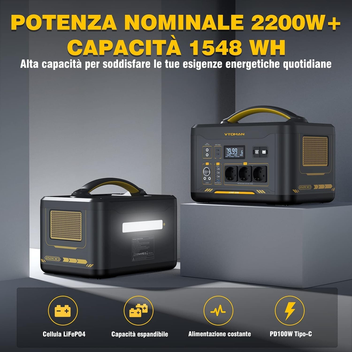 VTOMAN Jump 2200 Centrale Elettrica Portatile da 2200W, Generatore Solare da 1548Wh con Capacità Espandibile, con Avviatore, Potenza in Ingresso Potenziata a 400W