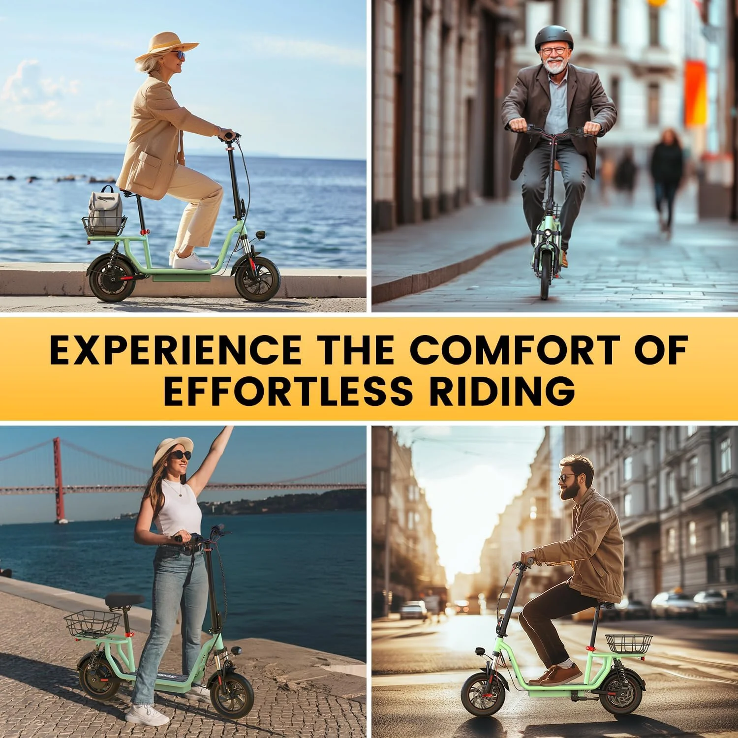 iScooter electric scooter with seat, 37/21 mile range, 28/19/15.6 mph top speed, dual suspension scooter with basket