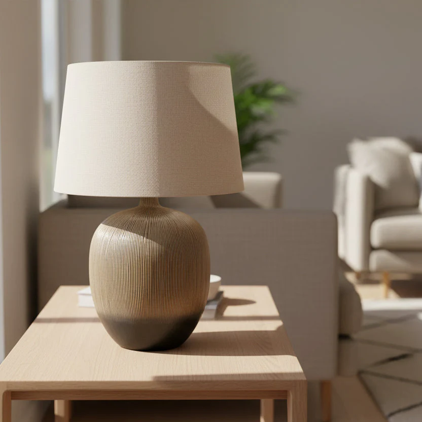 Black & Natural Ombre Ceramic Table Lamp with Tapered Shade �C Scandi-Style Lighting