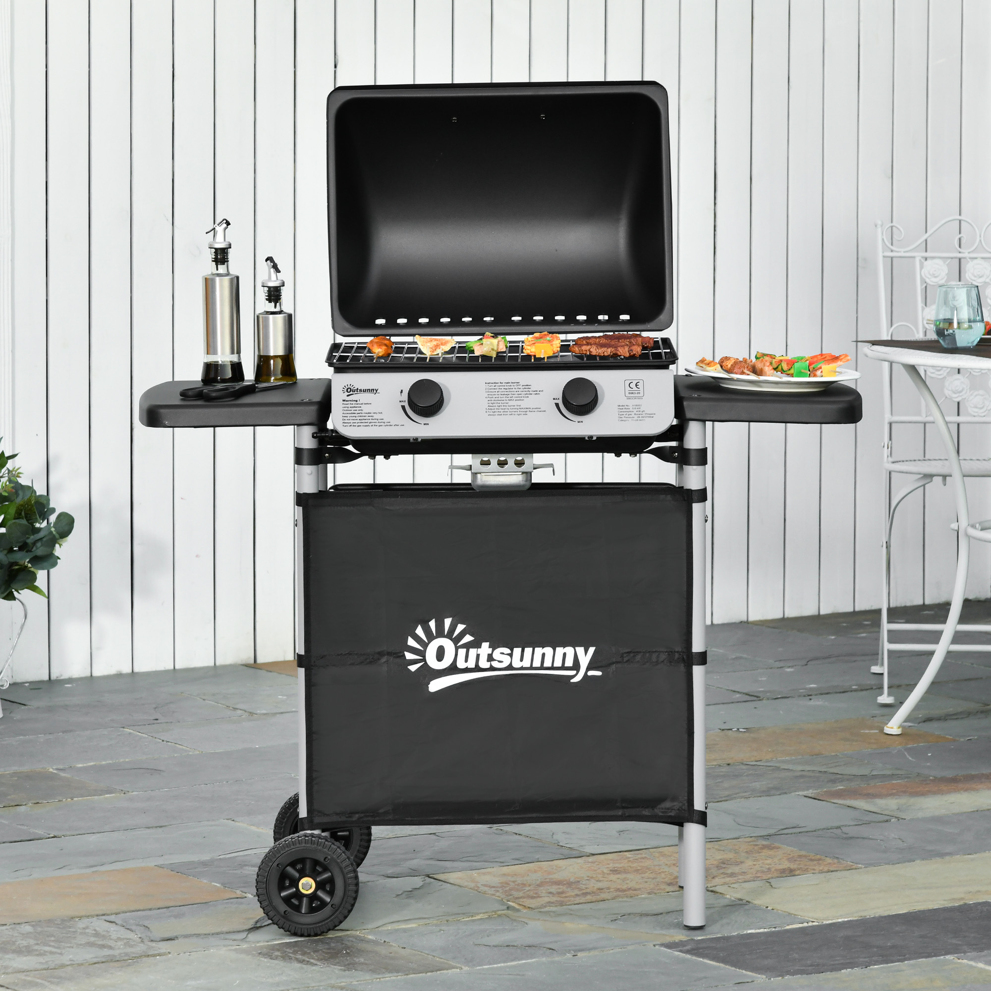 Outsunny Gasgrill mit Deckel, 5,6 kW Brenner, BBQ und Rädern, 104x49x99cm