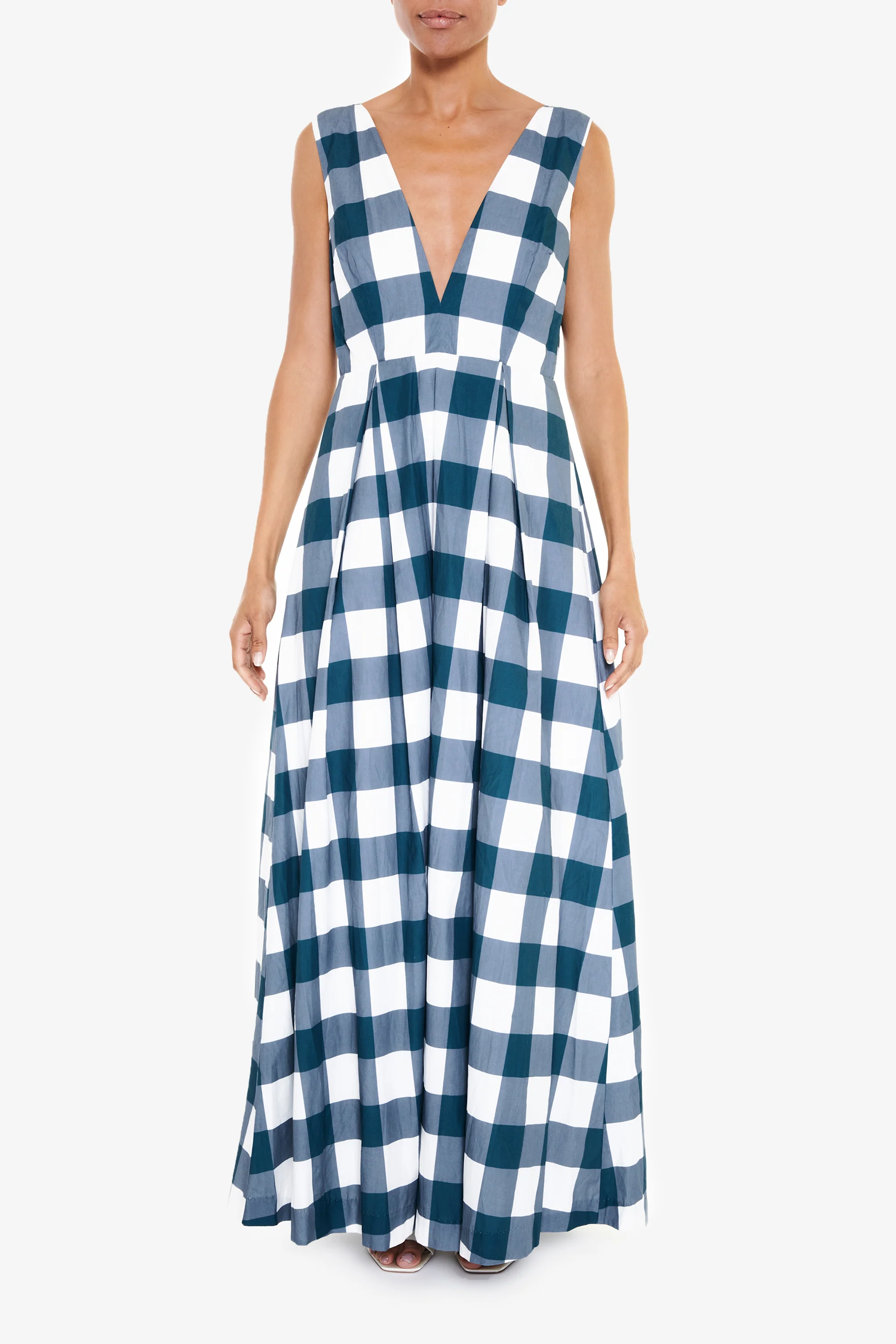 Louise Petrol Blue Check Plunging Back Maxi-Dress