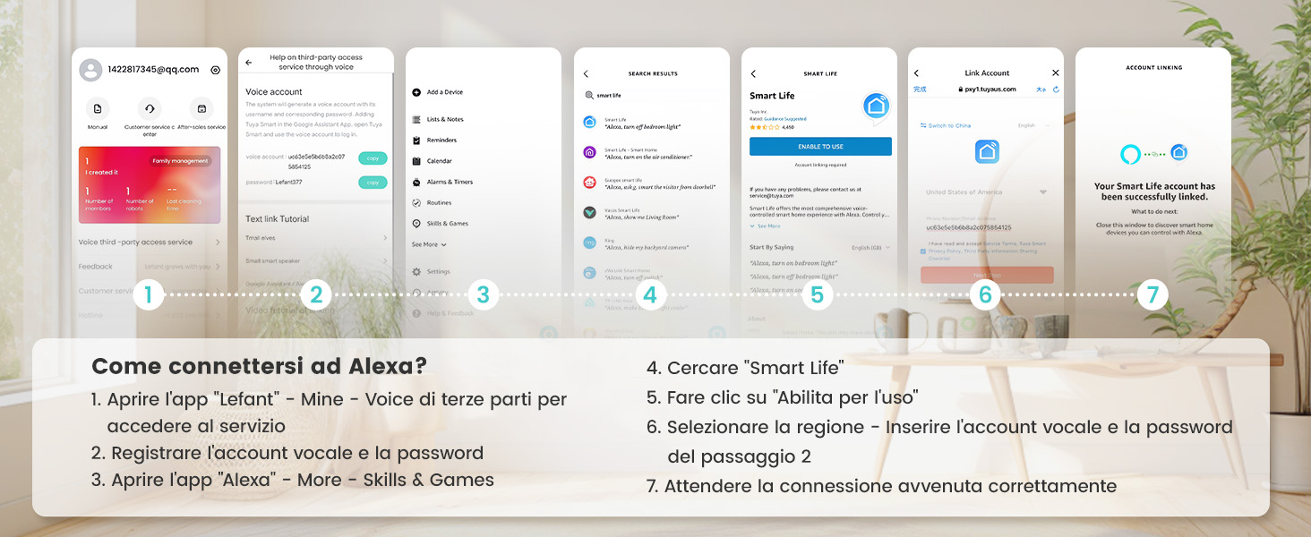 Schermata dello smartphone che mostra l'interfaccia dell'app con pi霉 pannelli. Contiene istruzioni di testo in italiano per la connessione ad Alexa, inclusi i passaggi per la configurazione e il collegamento dell'account
