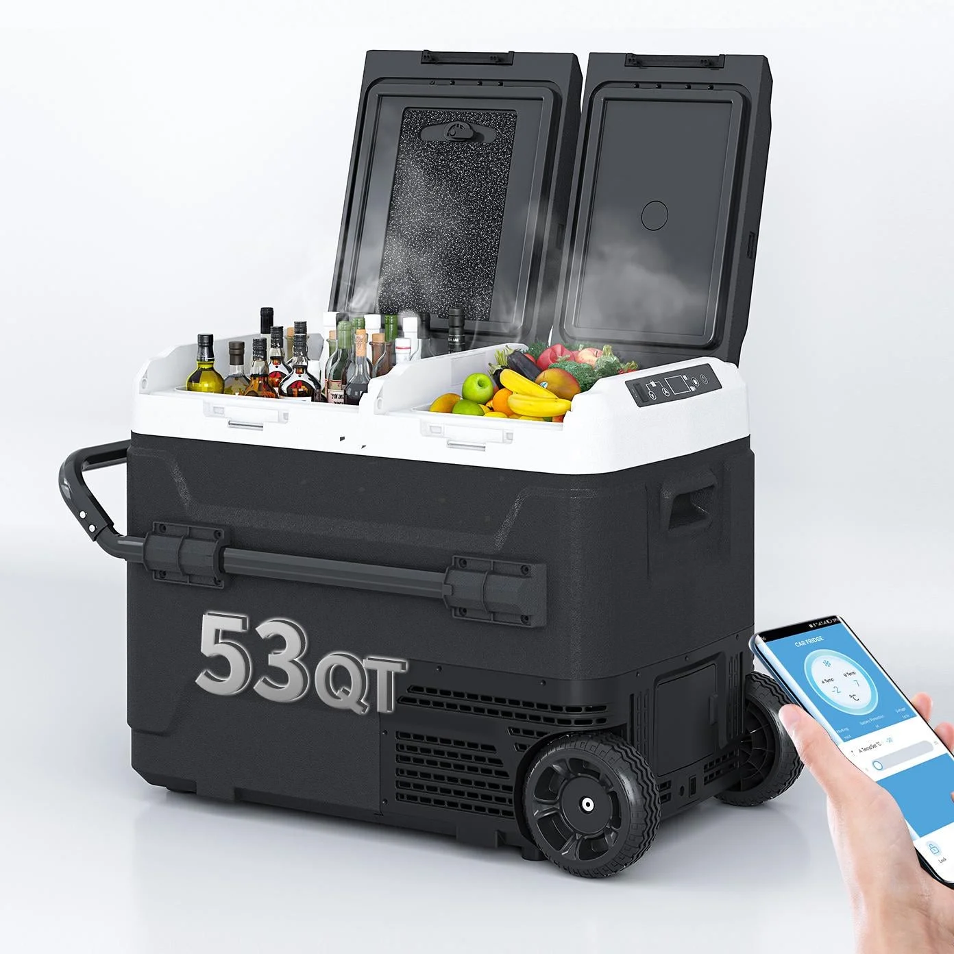 DISHUP 12V Portable Car Refrigerator, 53QT(50L) Electric Cooler with Dual Zone,DC & AC,Ideal for RV, Camping, Travel, Truck