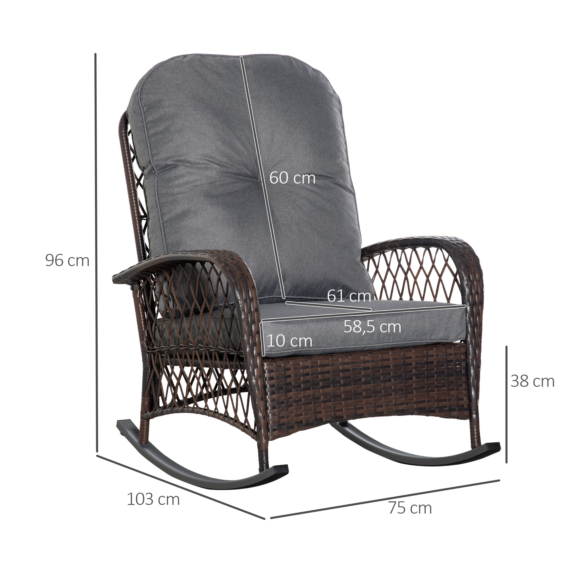 Outsunny poly rotan schommelstoel, schommelstoel, tuinstoel met kussen, loungemeubels, tuinmeubelen, terrasmeubels, bruin, 75 x 103 x 96 cm