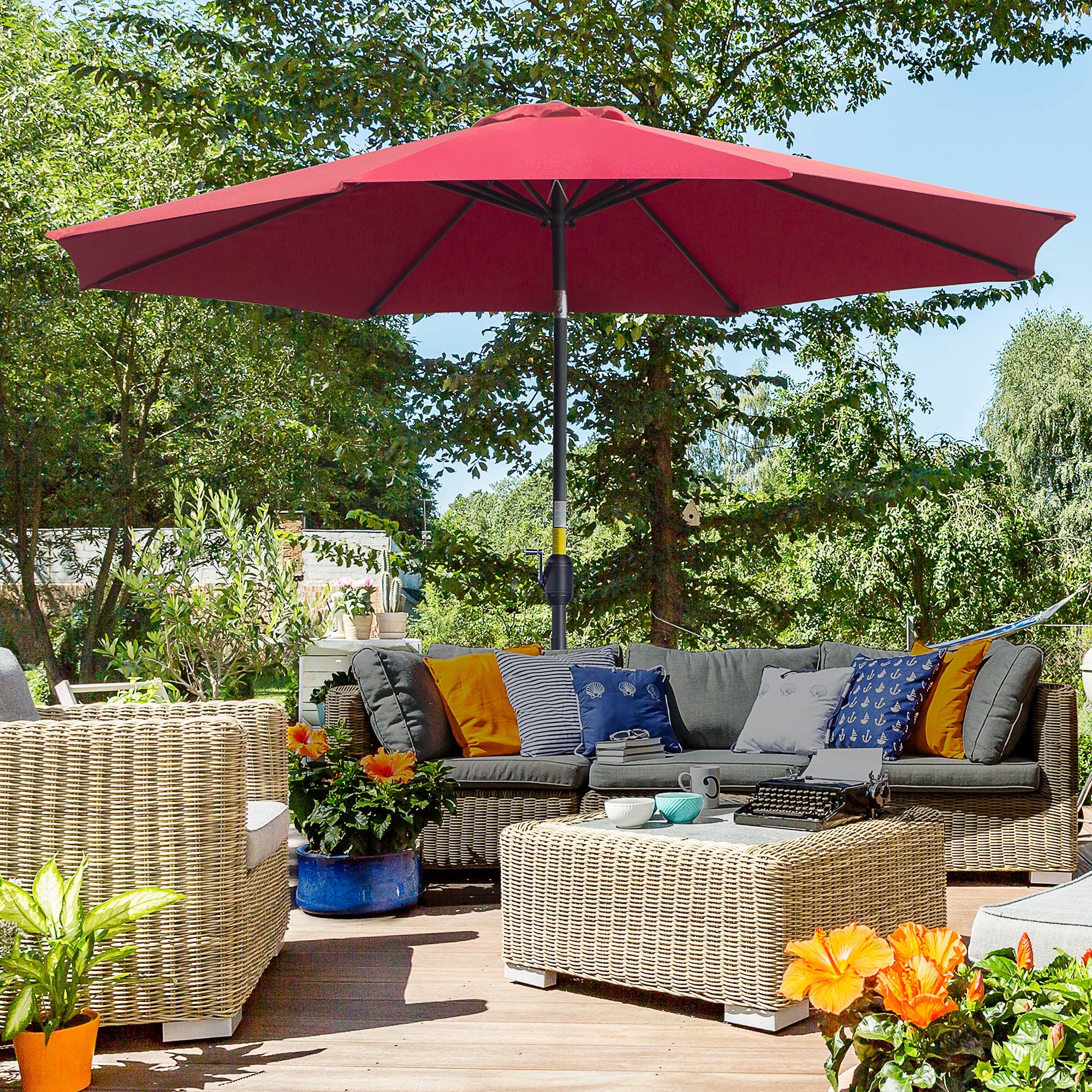 Outsunny Gartenschirm Balkonschirm Neigbar Ø 3 m Metall Rund Polyester 180g/m² Kurbel neigbar Bordeaux