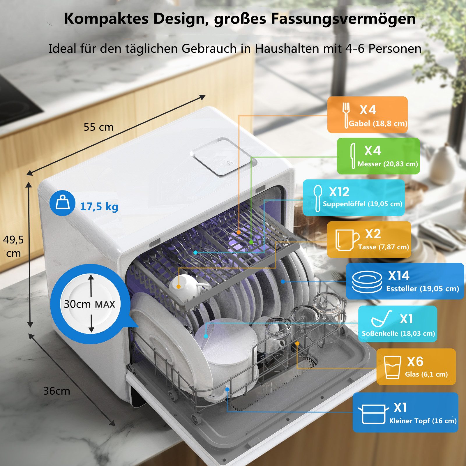 Tischgeschirrspüler Spülmaschine 8 Modi 3 Sprüharme BH-6-CDW
