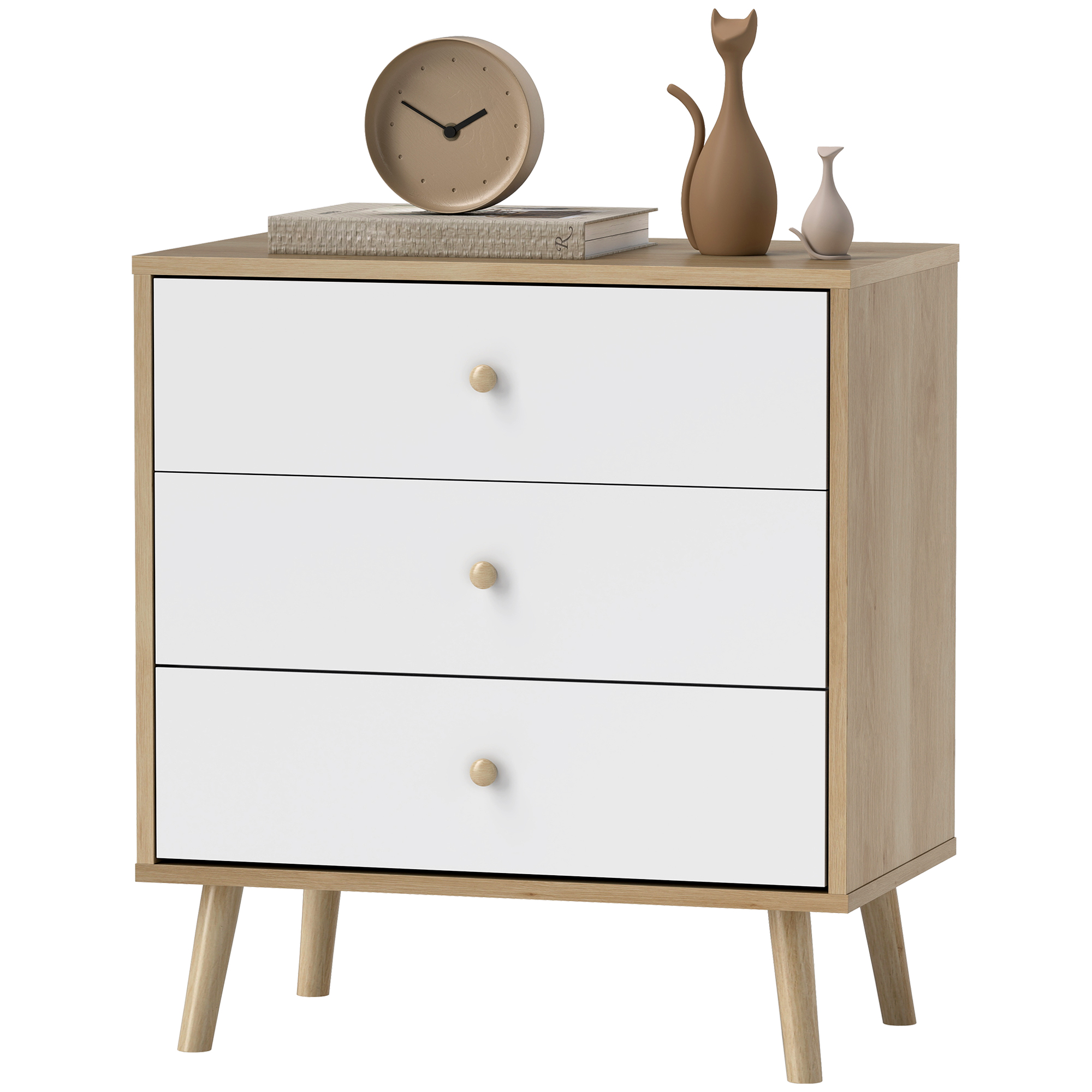HOMCOM Kommode 3 Schubladen Aufbewahrungsmöbel modernes Design für Schlafzimmer, Wohnzimmer - 60 x 35 x 65 cm, Eiche