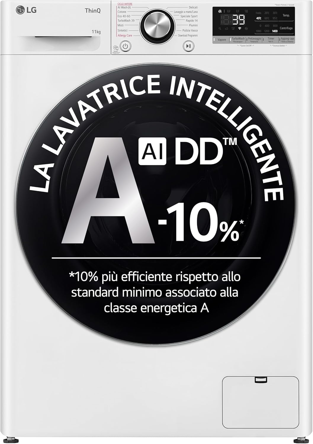 LG AI DD F4R3011NSWB Lavatrice Carica Frontale Serie R3, 11kg, 1400 giri, AIWash, Lavaggio a vapore, Motore Direct Drive, Smart Diagnosis, Libera installazione, Bianca, 60 x 85 x 56.5 cm