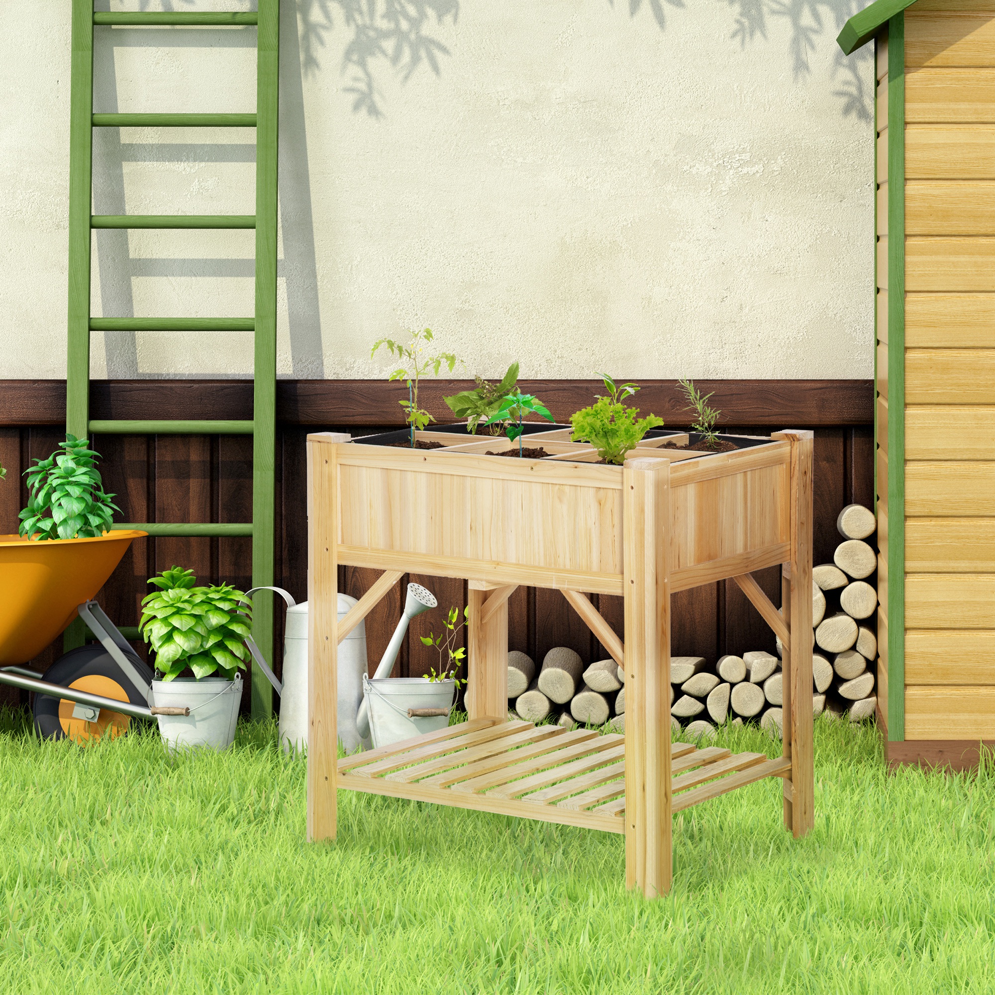 Outsunny Hochbeet Holz mit 6 getrennten Anbauflächen Pflanztisch Blumenkasten Vliesstoff Natur 78,5 x 58 x 81 cm