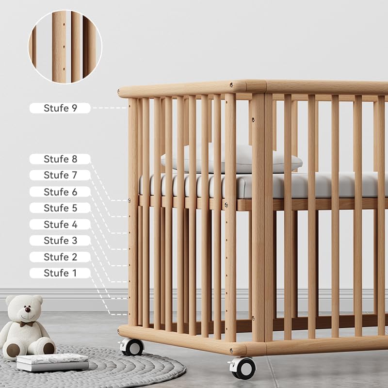 Trimigo 6-in-1 Babybett 118x70 cm mit Matratze und unbehandelt Buchenholz, wandelbar zu Sofa, Schreibtisch, höhenverstellbares, mit Rollen und Bremsen, mit Stauraum