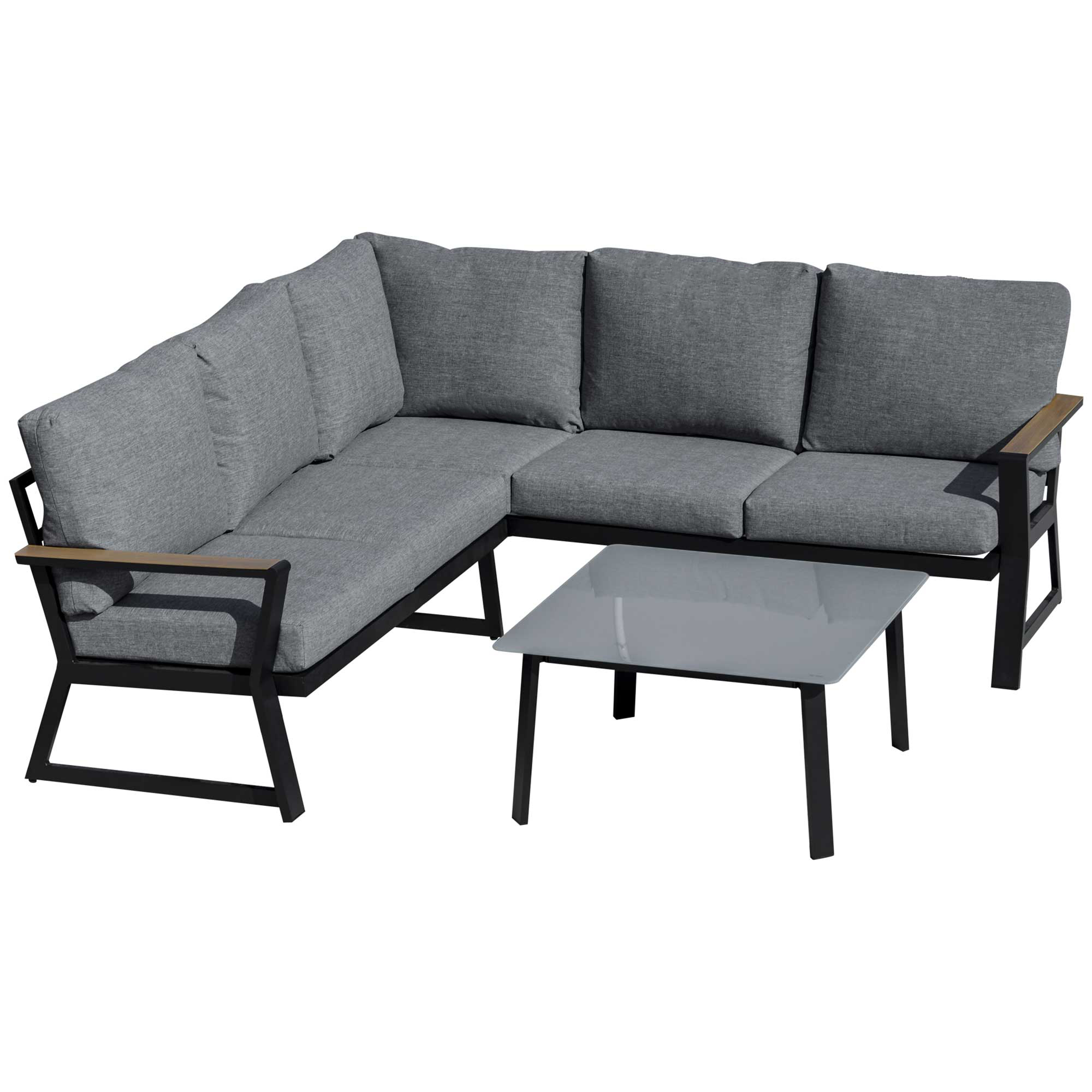 3-delige tuinmeubelset met bijzettafel, balkonmeubelset, bank met kussens, L-vorm, buiten, aluminium grijs