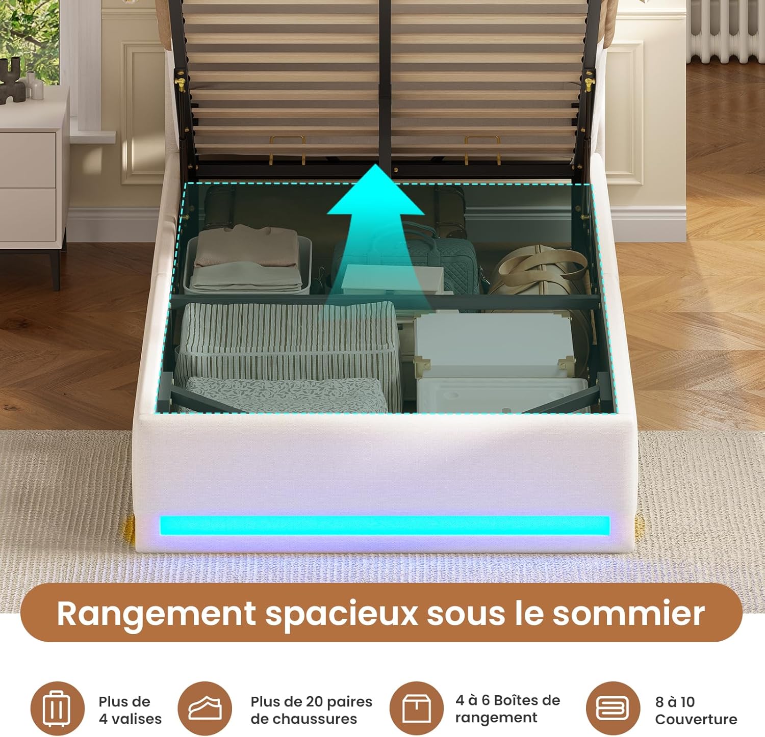 AOGLLATI Polsterbett 90×200cm Hydraulisches Stauraumbett mit LED-Bleuchtung Jugendbett mit Ladestation Einzelbett mit Stauraum Kopfteil, Leinenstoff, ohne Matratze (Beige, 90x200cm)