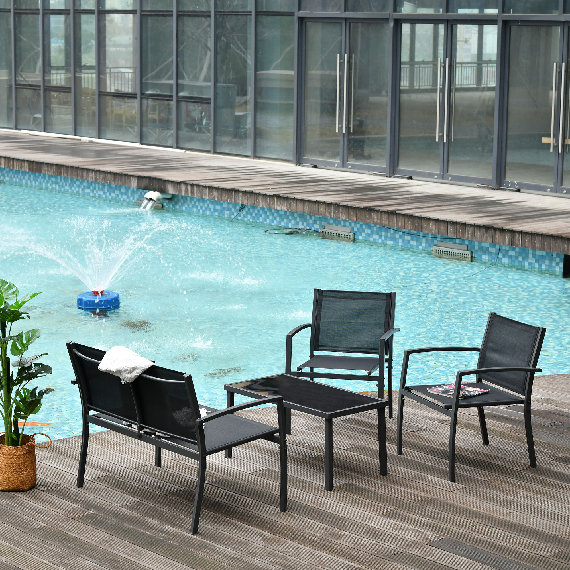 Outsunny Garten-Loungeset, 4-teilig mit 1 Tisch, 2 Gartenstühlen und 1 Bank aus Metall, Schwarz