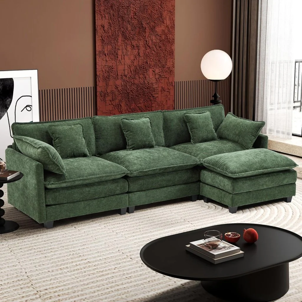 111.4 Inch L-Shaped Modern Sofa Modular Cloud Sofa with Ottoman, 4-Seater Chenille Deep Seat Sofa with Pillows for Living Room, Bedroom and Apartment, Beige