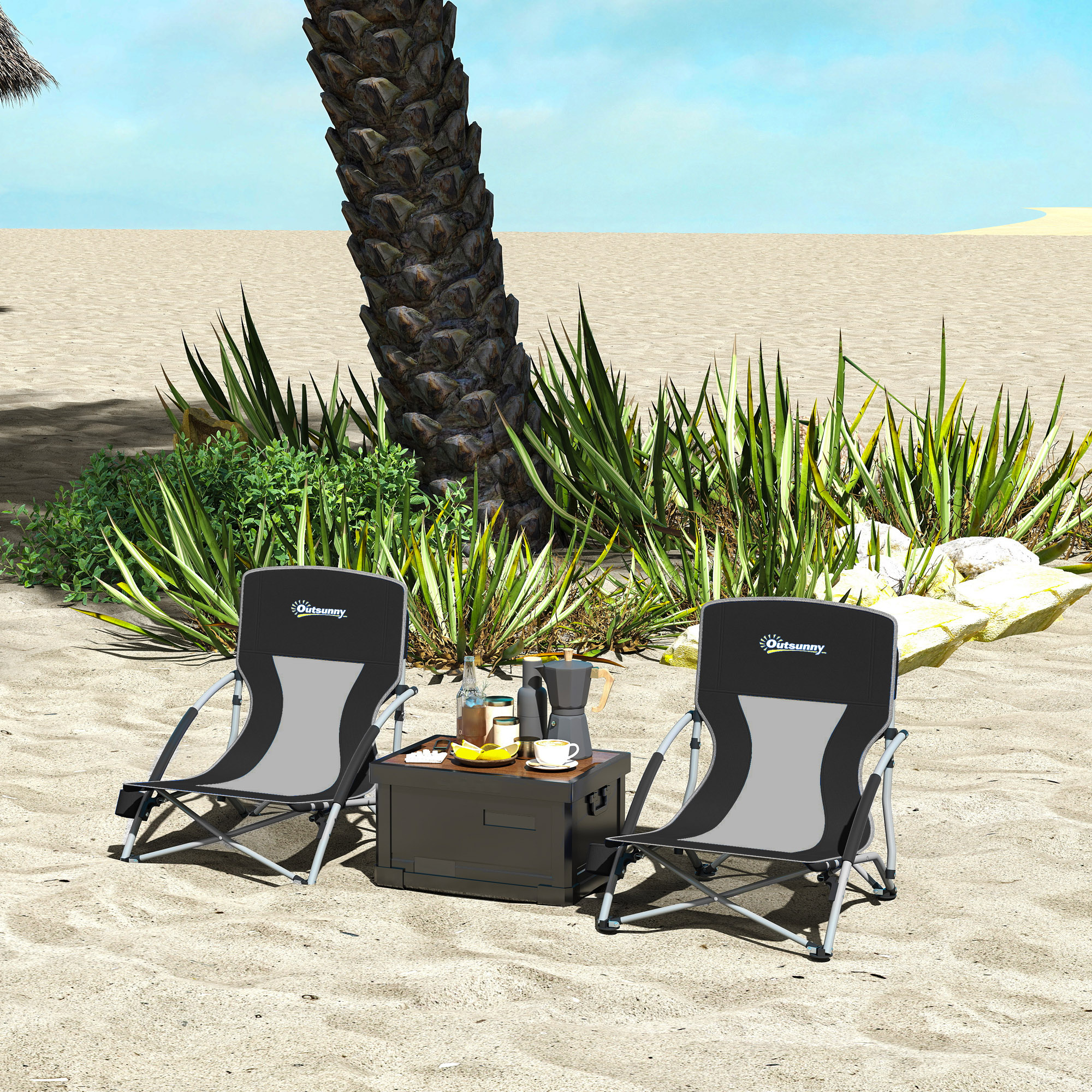 Outsunny Set von 2 klappbaren Strandstühlen, leichte Campingstühle mit Transporttasche und Becherhalter 58 x 55 x 62 cm Schwarz