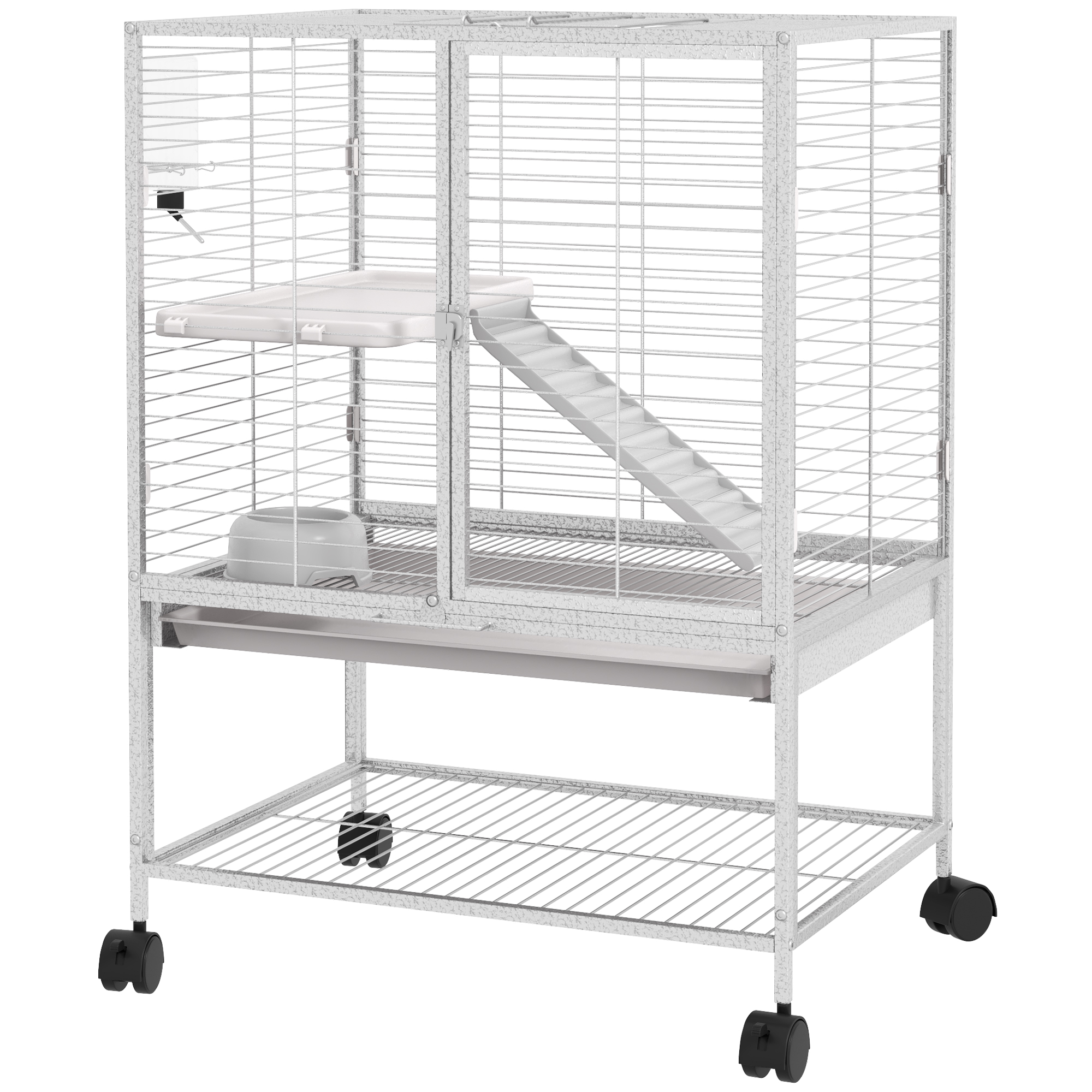 PawHut Käfig für kleine Tiere auf Rollen 2 Ebenen mit 2 Türen, 1 Rampe, 1 Ablage 61,5 x 44,5 x 86 cm grau