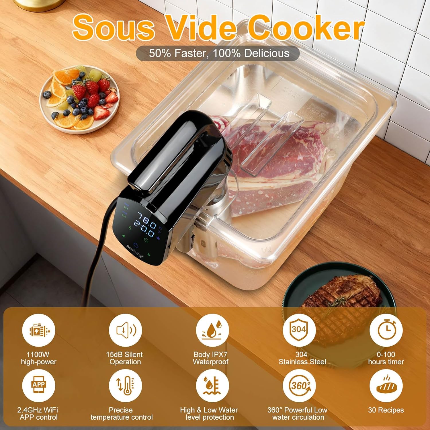 Sous Vide Cooker 2.4G WIFI, Sous Vide Machine with 30 Preset Recipes on APP & Calibration Function, 1100W Ultra-Quiet Immersion Circulator, Accurate Temperature and Time, Fast-Heating with Timer