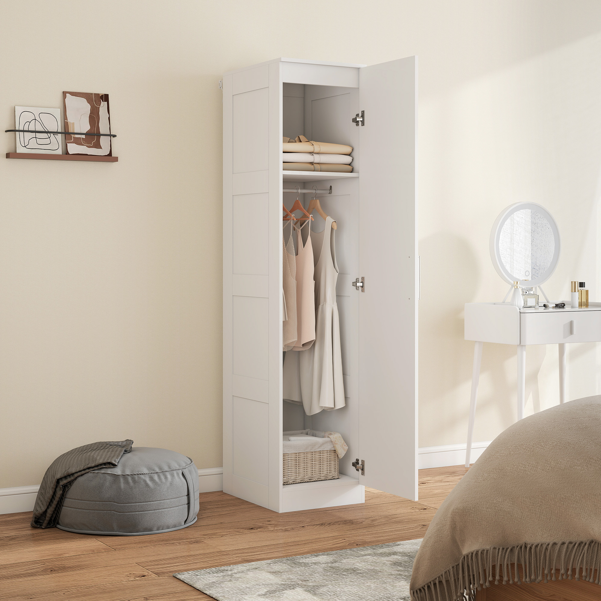 HOMCOM Kleiderschrank Mehrzweckschrank mit Kleiderstange, Regal, Soft-Close-Tür 40 x 52 x 180 cm Weiß