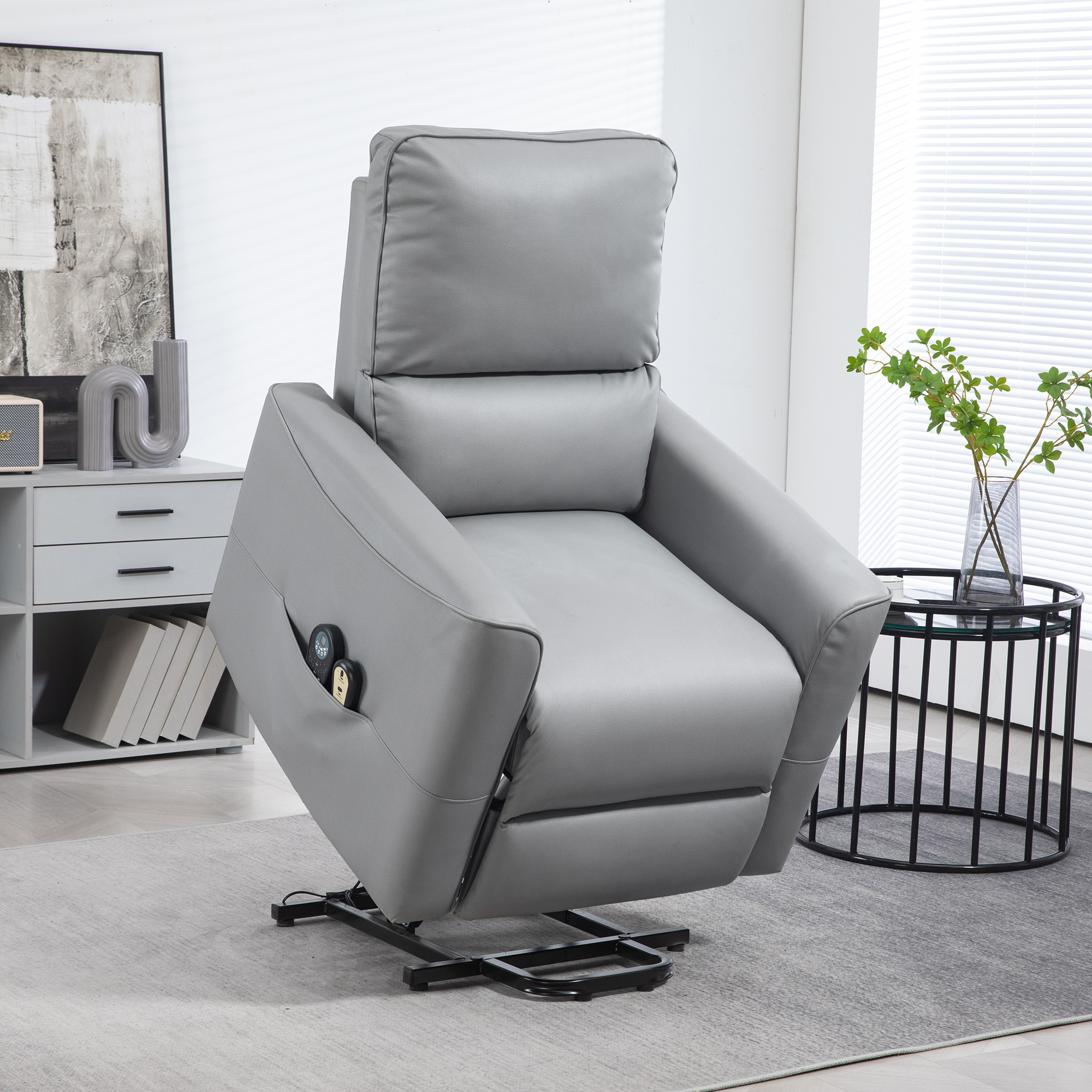 HOMCOM Elektrischer Aufstehsessel mit 8-Punkt-Massage und Heizung, Fernbedienung, Taschenfederung, Hellgrau