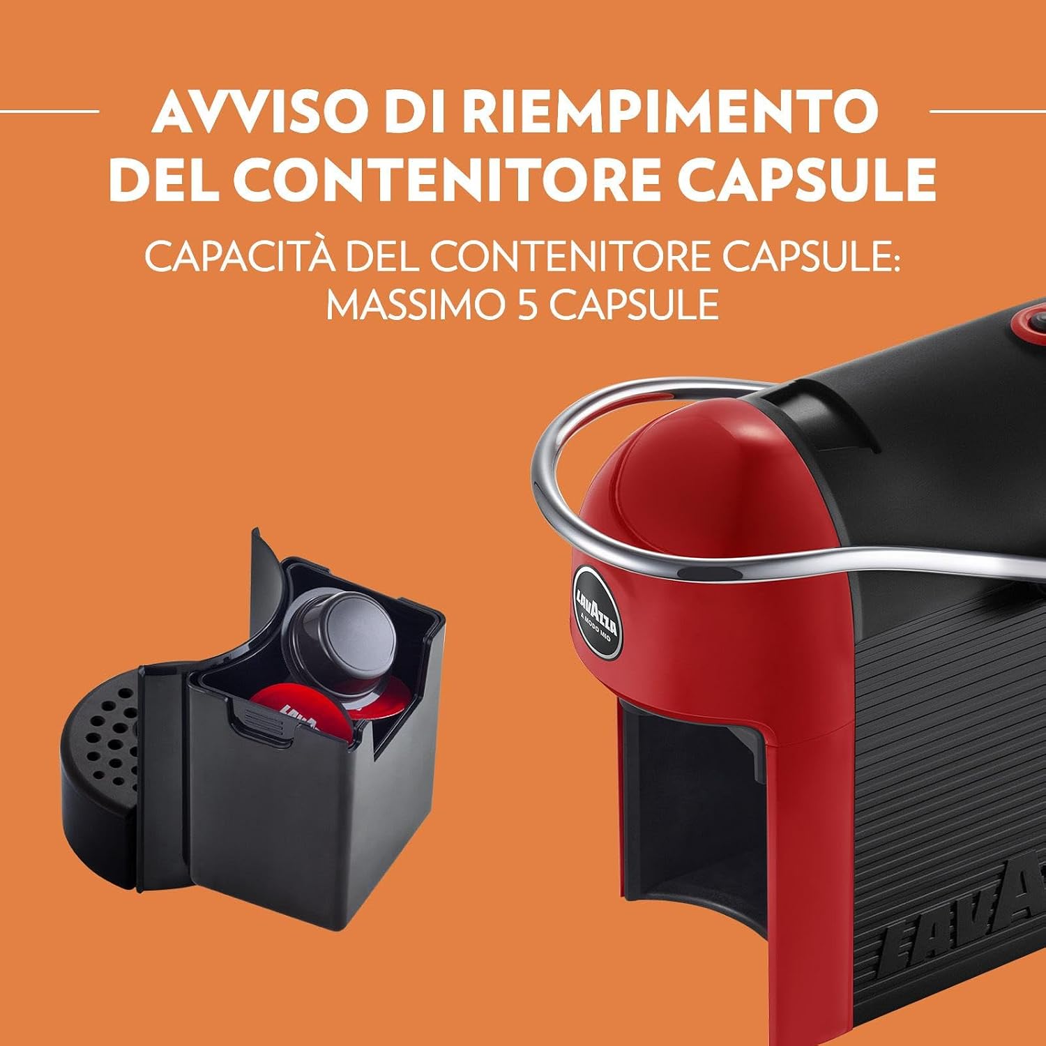 Lavazza A Modo Mio Jolie Evo, Macchina per Caffè Realizzata con 36% di Plastica Riciclata, Macchina Espresso con 64 Capsule Lavazza A Modo Mio Crema e Gusto Classico Incluse, Rossa