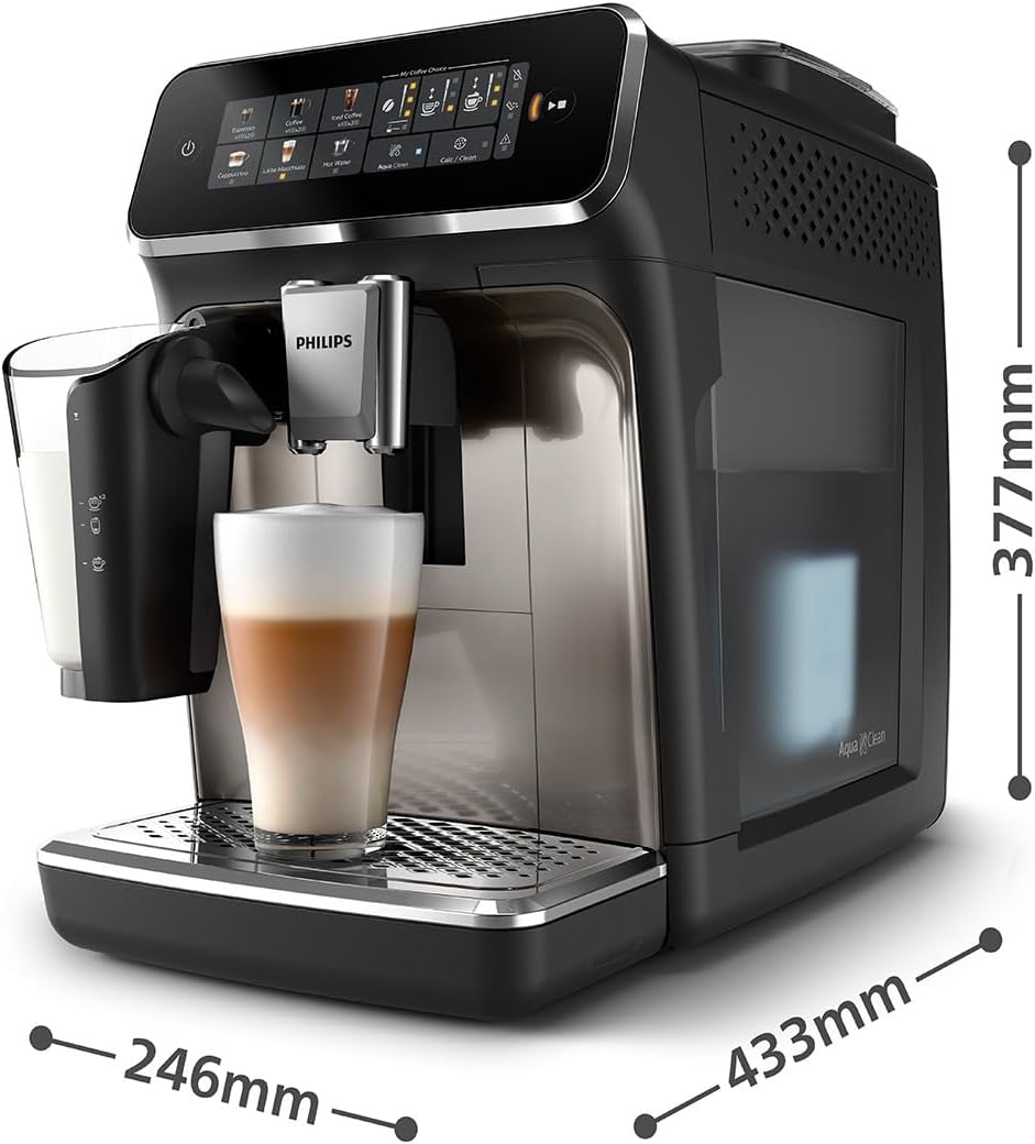 Philips 3300 Series Kaffeevollautomat - 6 Getränke, Modernes Farb-Touchscreen-Display, LatteGo-Milchsystem, SilentBrew, 100% Keramikmahlwerk, AquaClean Filter, Schwarzchrom (EP3347/90)