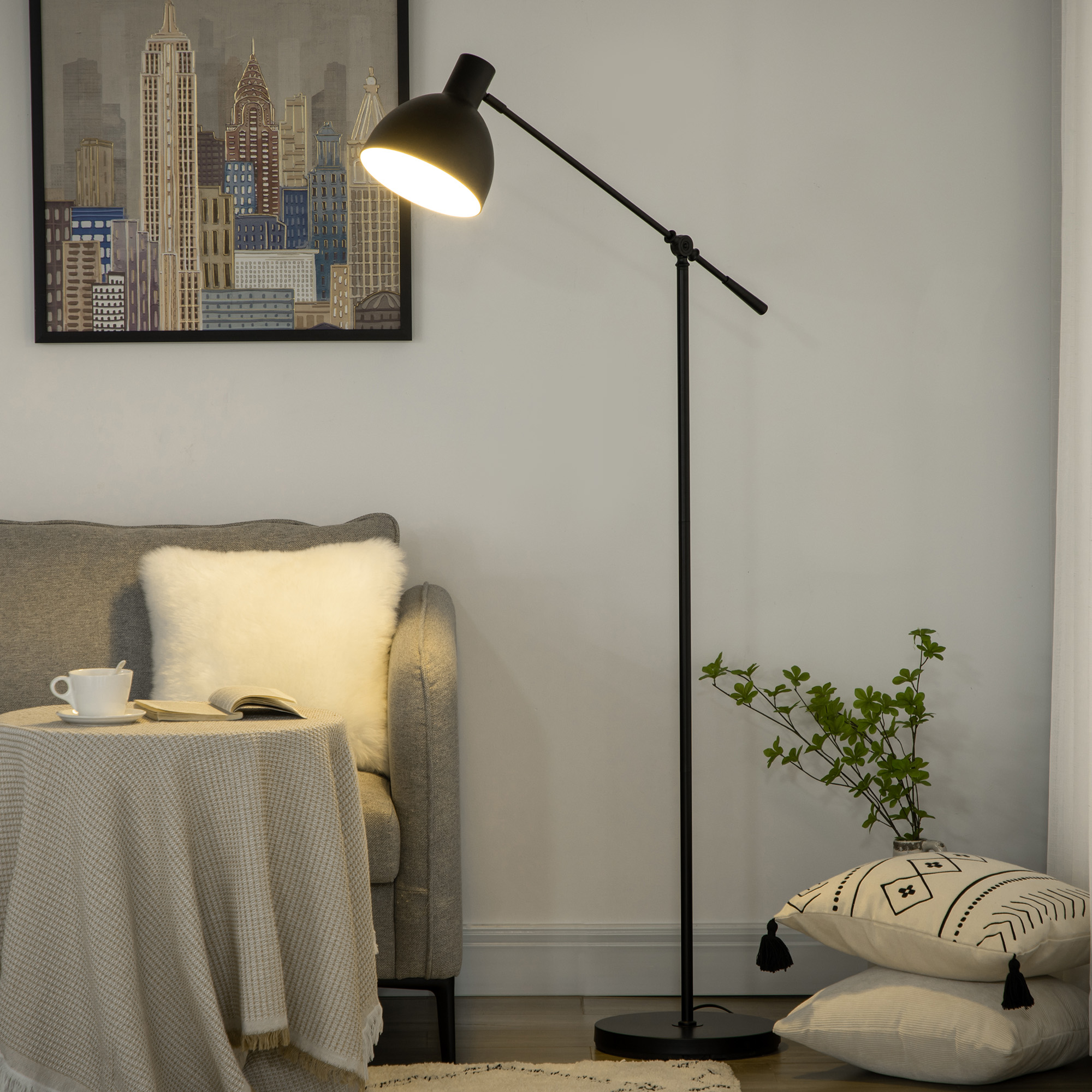 HOMCOM Stehleuchte im Industriedesign, höhenverstellbar, Bodenschalter; 30 m x 30 cm x 131 cm, Schwarz