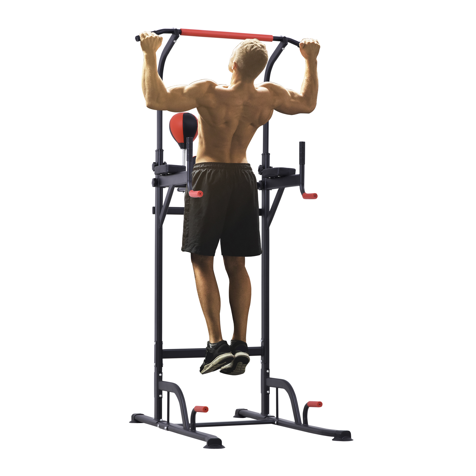 HOMCOM Klimmzugstation Multifunktionales Muskeltraining Punching Ball Roman Chair mit höhenverstellbarem Stahl Schwarz Rot
