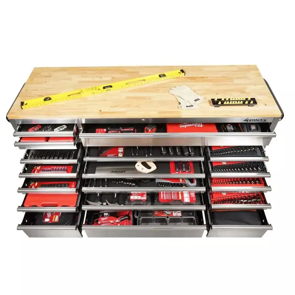 72 inch 18-laden 24 inch D mobiele werkbank met massief houten blad roestvrij staal
