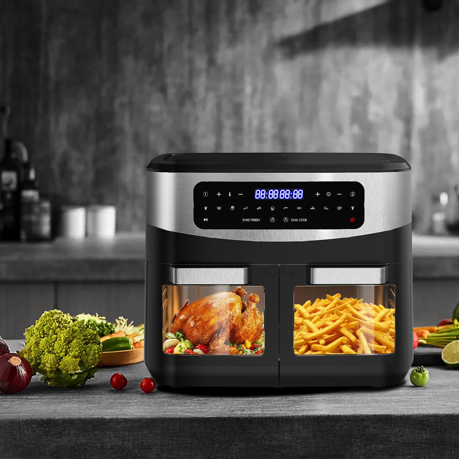 Heißluftfritteuse 12L Dual Zone, Airfryer mit Sichtfenster, LED-Touch, 10 Programmen, gesund & fettarm