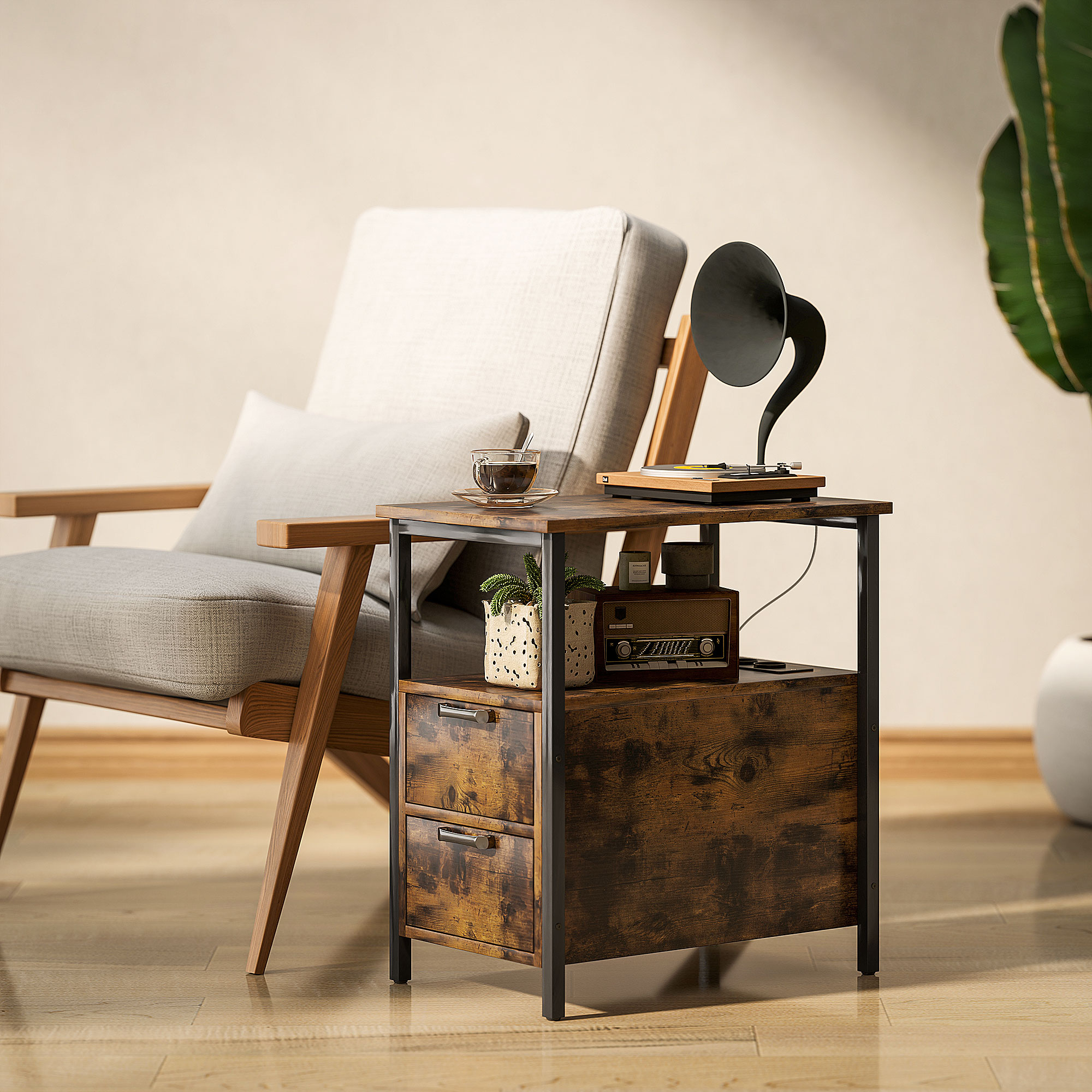 HOMCOM Beistelltisch mit Aufladestation, USB-Anschlüssen, Steckdosen, 2 Schubladen und Regal für Wohnzimmer, Schlafzimmer