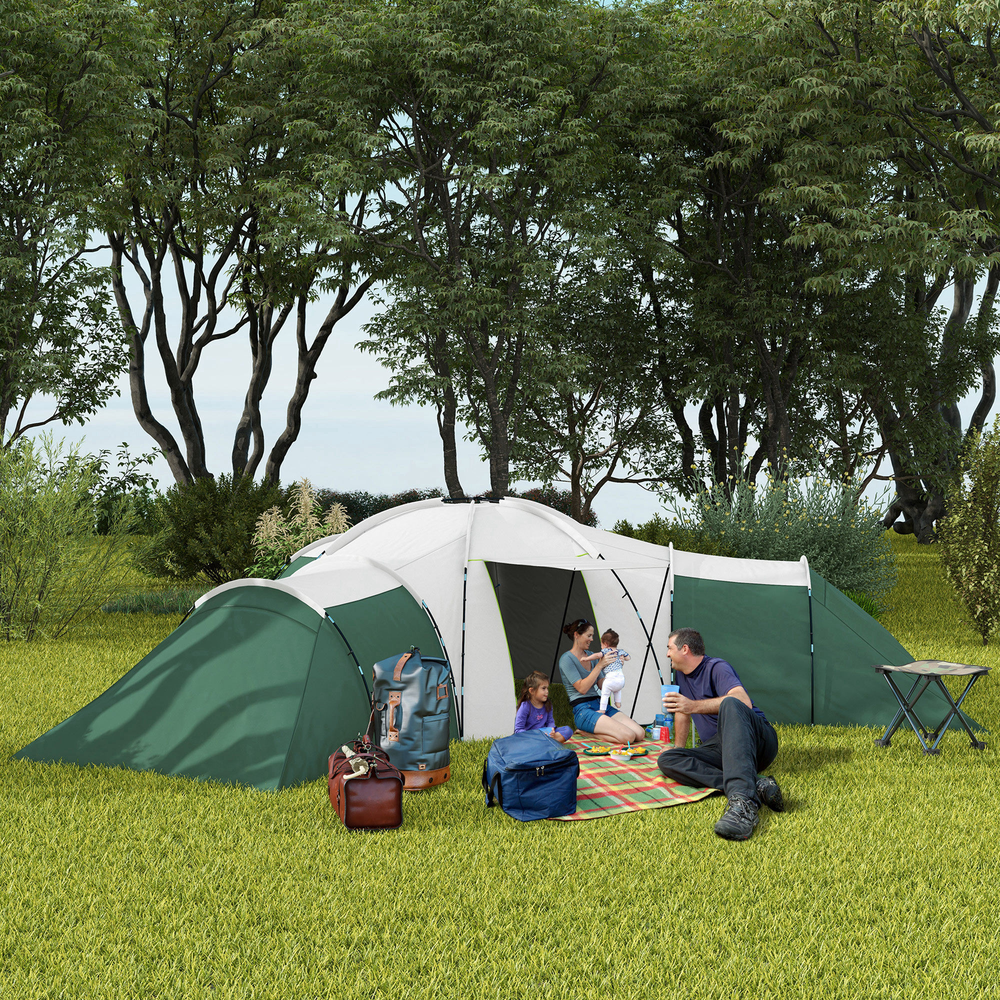 Kampeertent voor 6-9 Personen, 4 Kamers, Voortent, Waterdicht, 615x615x225cm, Groen