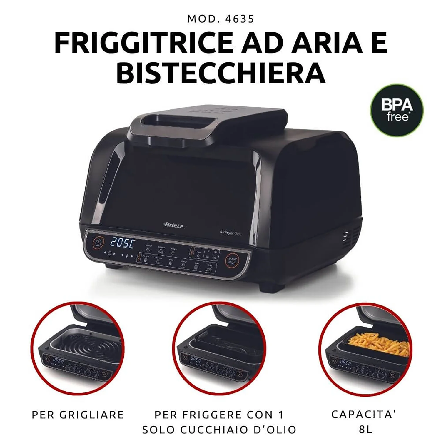 ARIETE - Friggitrice ad Aria Multifunzione Air Fryer Grill 8 litri 1700 Watt