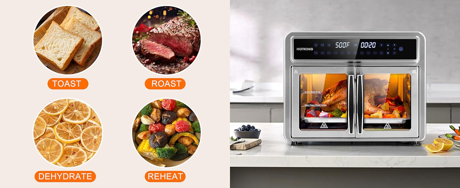 10-in-1 Versatility�?air fry, bake, broil, toast, roast, dehydrate, reheat, pizza, fries, rotisserie