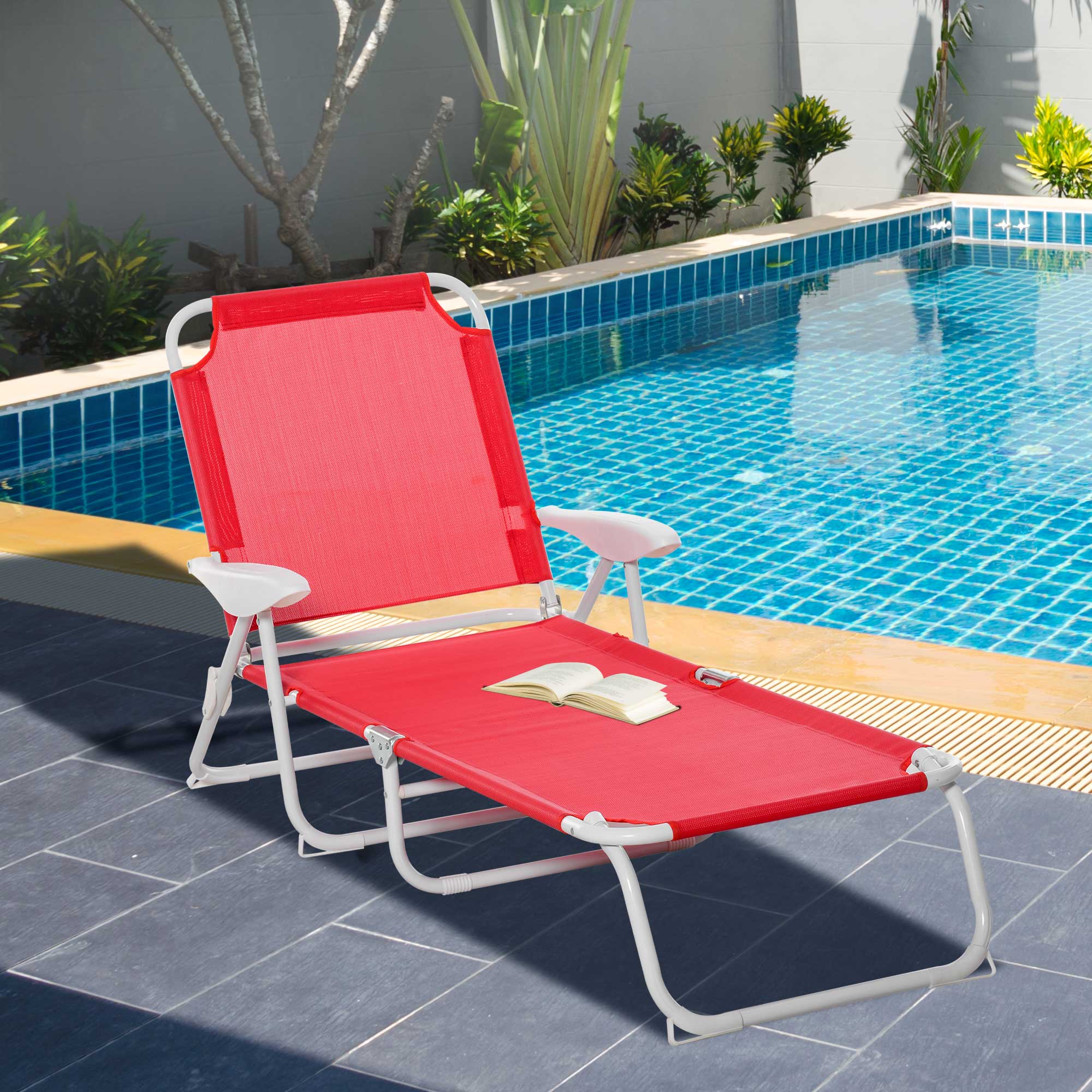 Outsunny Klappbare Sonnenliege - verstellbare Liege mit 4 Positionen - Chaise Longue Grand Confort mit Armlehnen - Epoxidharz-Metall Textilene - Abmessungen 186L x 66B x 80H cm - Rot