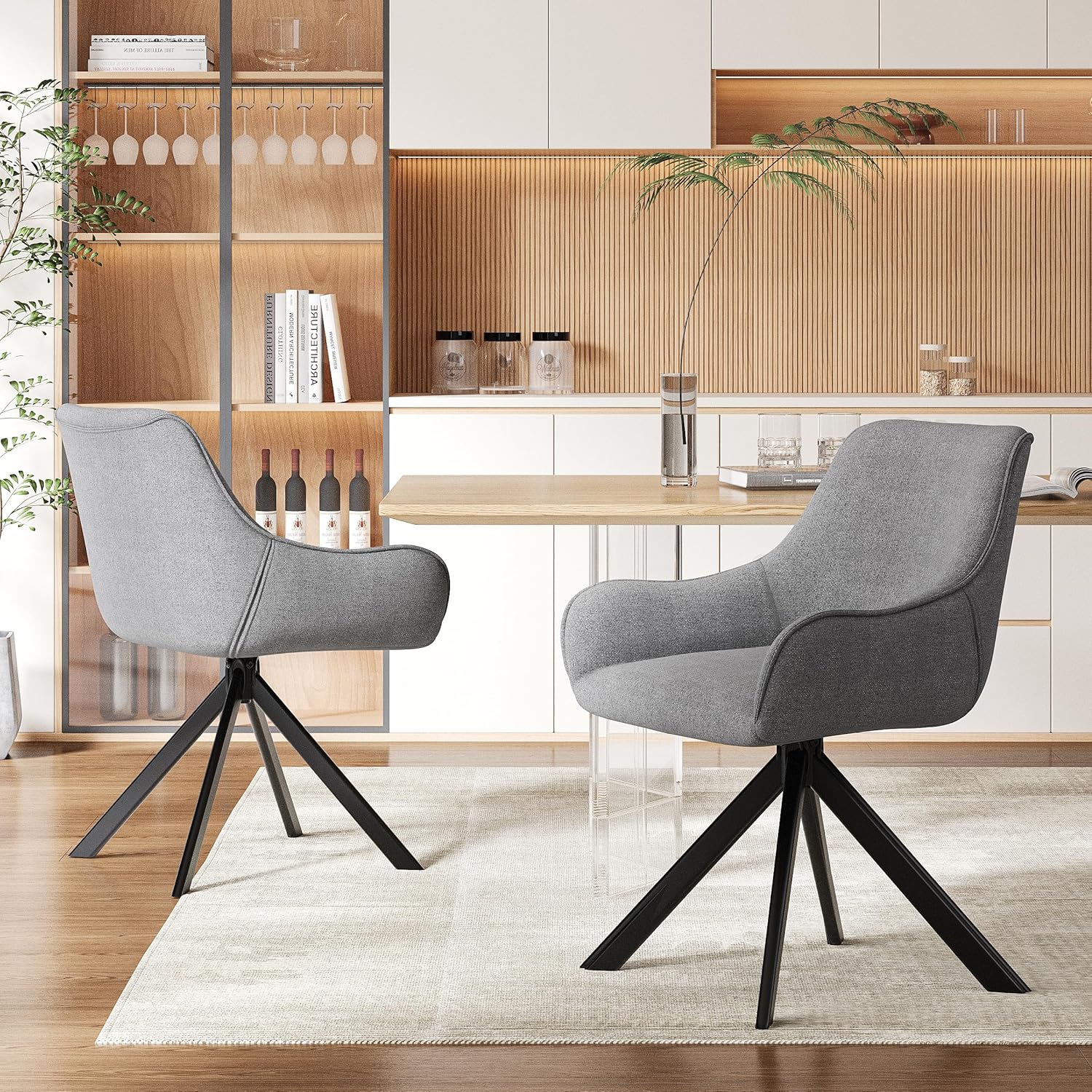Esszimmerstühle Drehbar 6er Set mit Armlehne – 360°Drehbar Polsterstuhl Leinen Modern Drehstuhl Küchenstuhl mit Metallgestell und Rückenlehne für Esszimmer, Wohnzimmer, Büro, Hellgrau