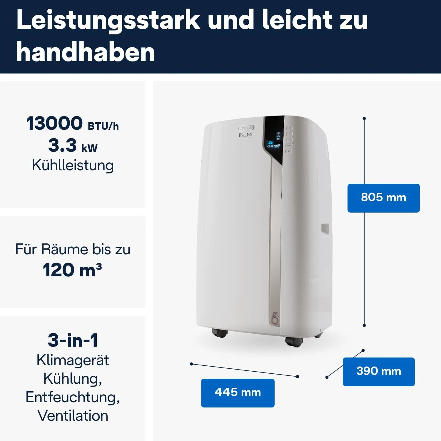 De'Longhi Pinguino PAC EX130 CST WiFi Mobiles Klimagerät mit Abluftschlauch, Klimaanlage für Räume bis bis 120m³, Luftentfeuchter, Ventilationsfunktion, 24h-Timer, Energieeffizienzklasse A, Weiß