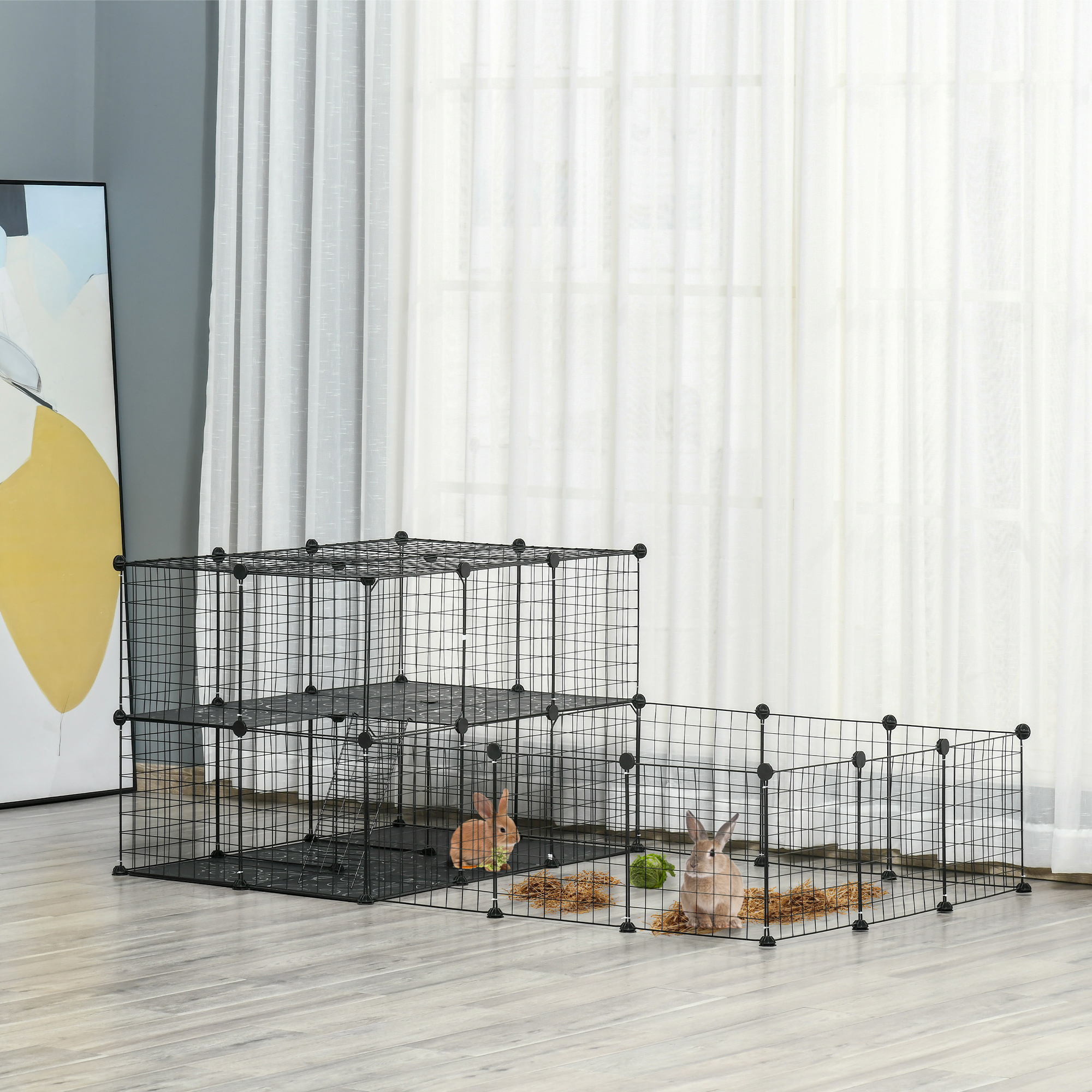 PawHut Freigehege aus Metall DIY Kleintierauslauf 2-stöckig Kleintierkäfig mit Tür und Leiter für Chinchilla Kaninchen Meerschweinchen 33 Platten Metallgitter Schwarz 175 x 105 x 70 cm