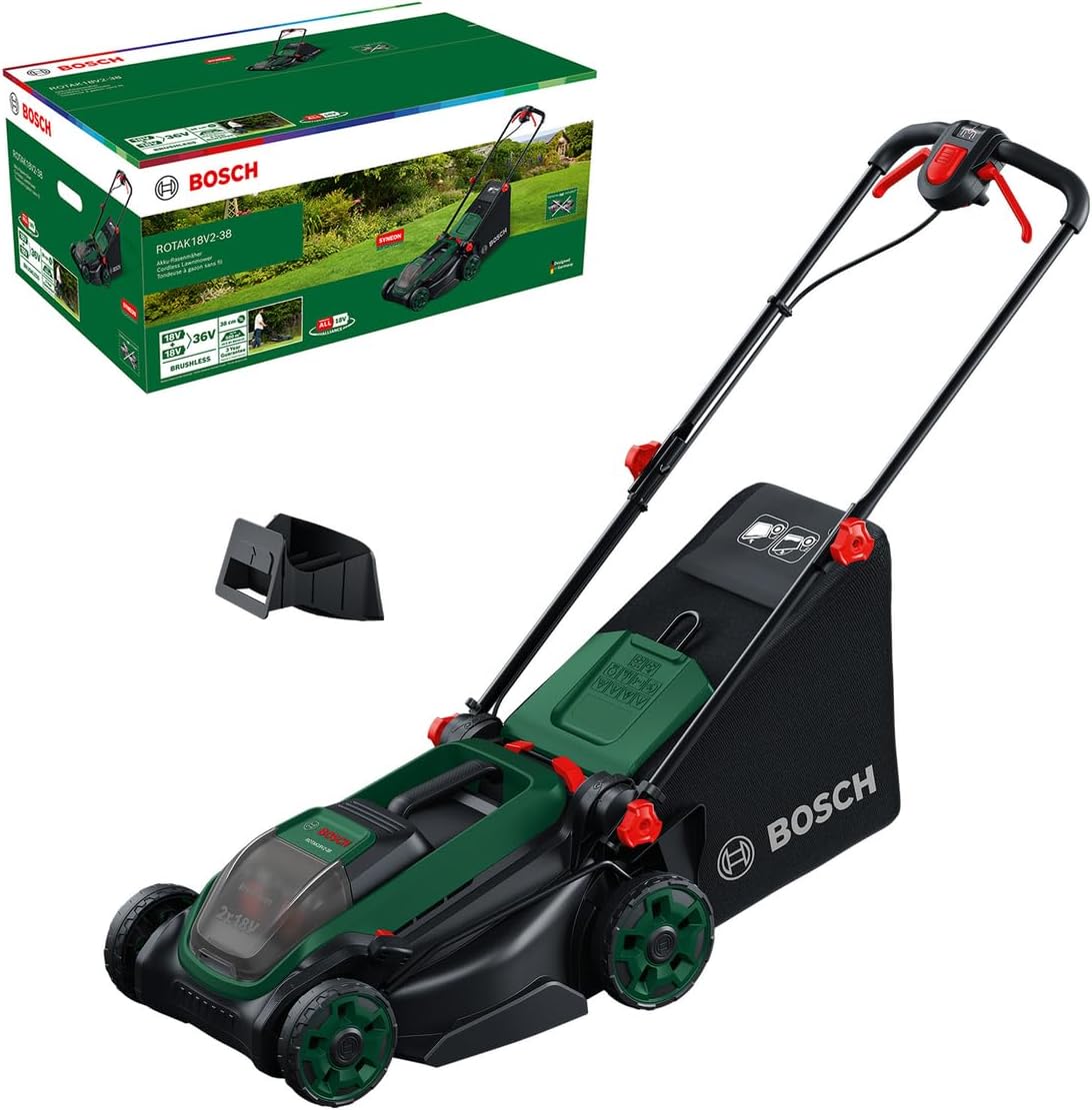 Bosch ROTAK18V2-38 Akku-Rasenmäher (Schnittbreite: 38 cm, ohne Akku), Schnitthöhe: 30-75 mm, 40 l Stoff-Grasfangkorb, Mulchstopfen
