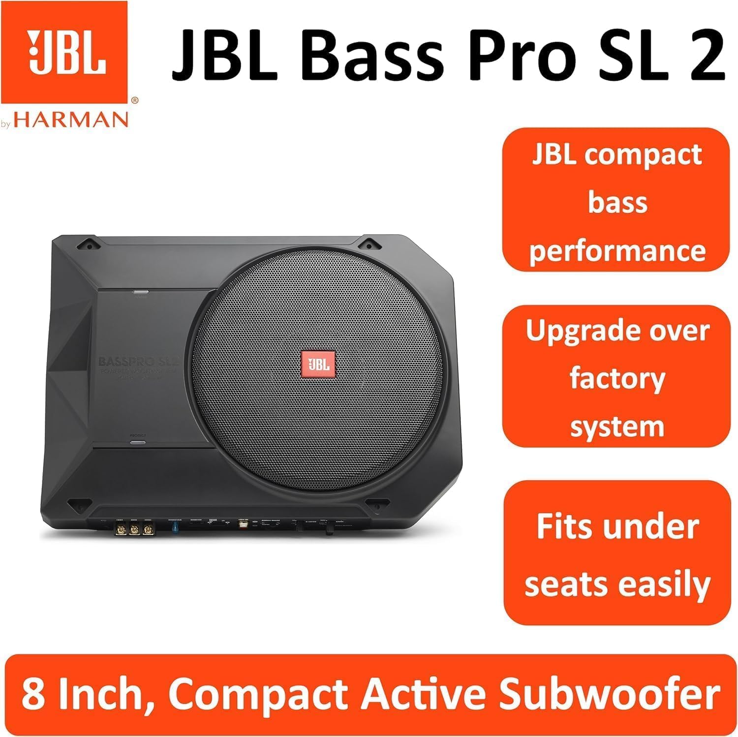 JBL BassPro SL2 Aktiv Subwoofer Auto Set - Car hifi Untersitz Bassbox Gehäuse mit Bassreflex Woofer box groß 200mm und 125 Watt aktiver Verstärker, Schwarz, 44